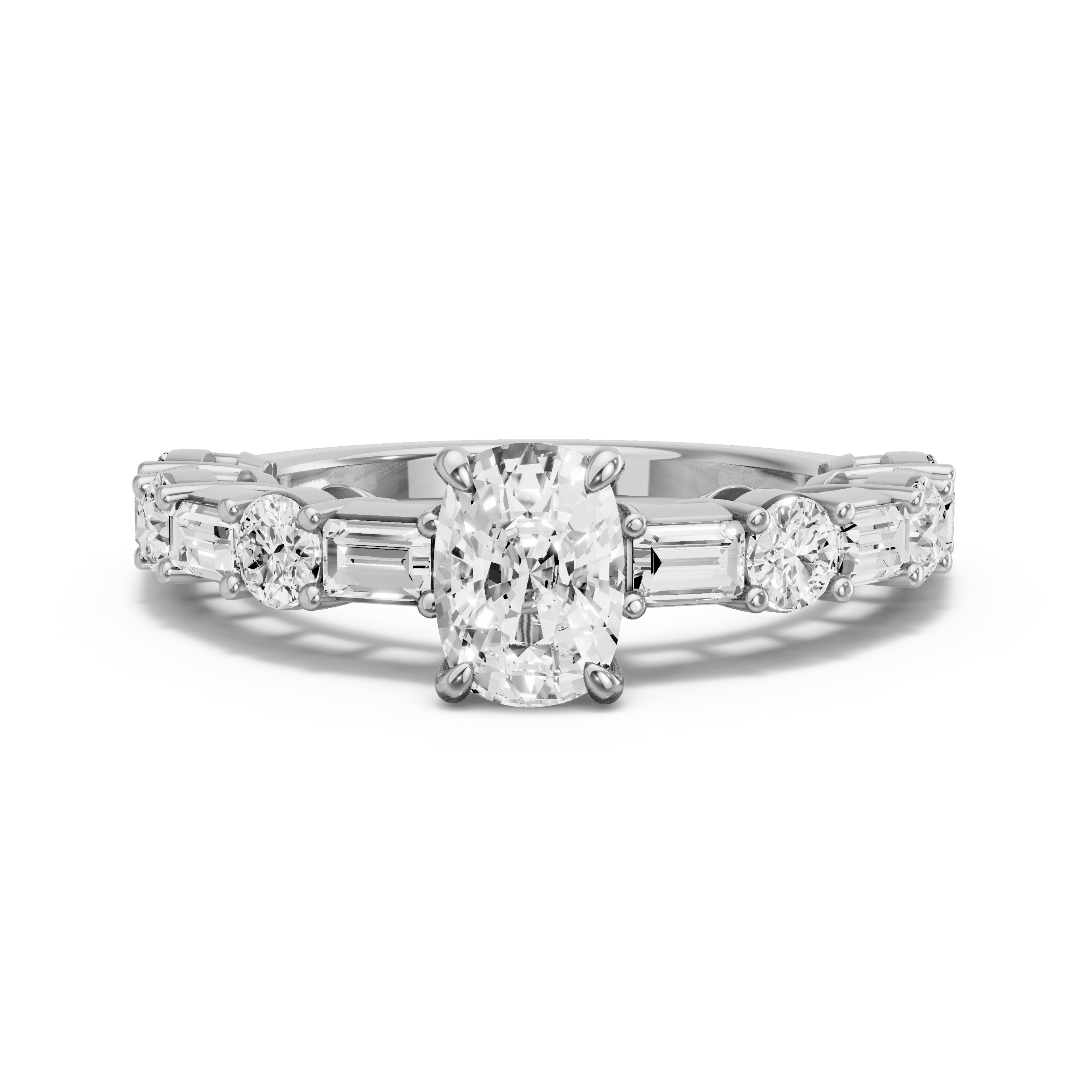 Image for Cushion Four Prong Ring with Alternating Baguette band in 10K White Gold