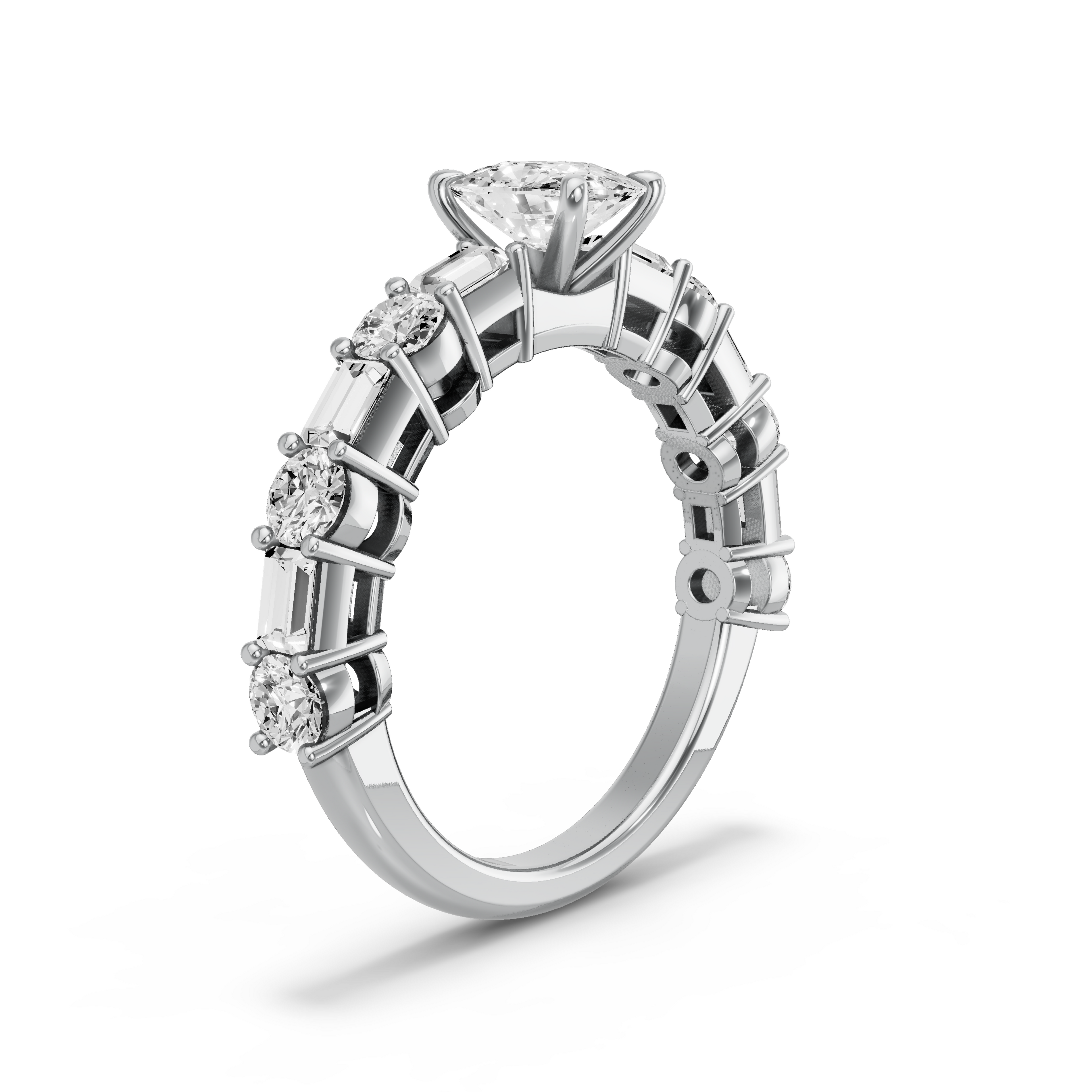 Image for Cushion Four Prong Ring with Alternating Baguette band in 18K White Gold