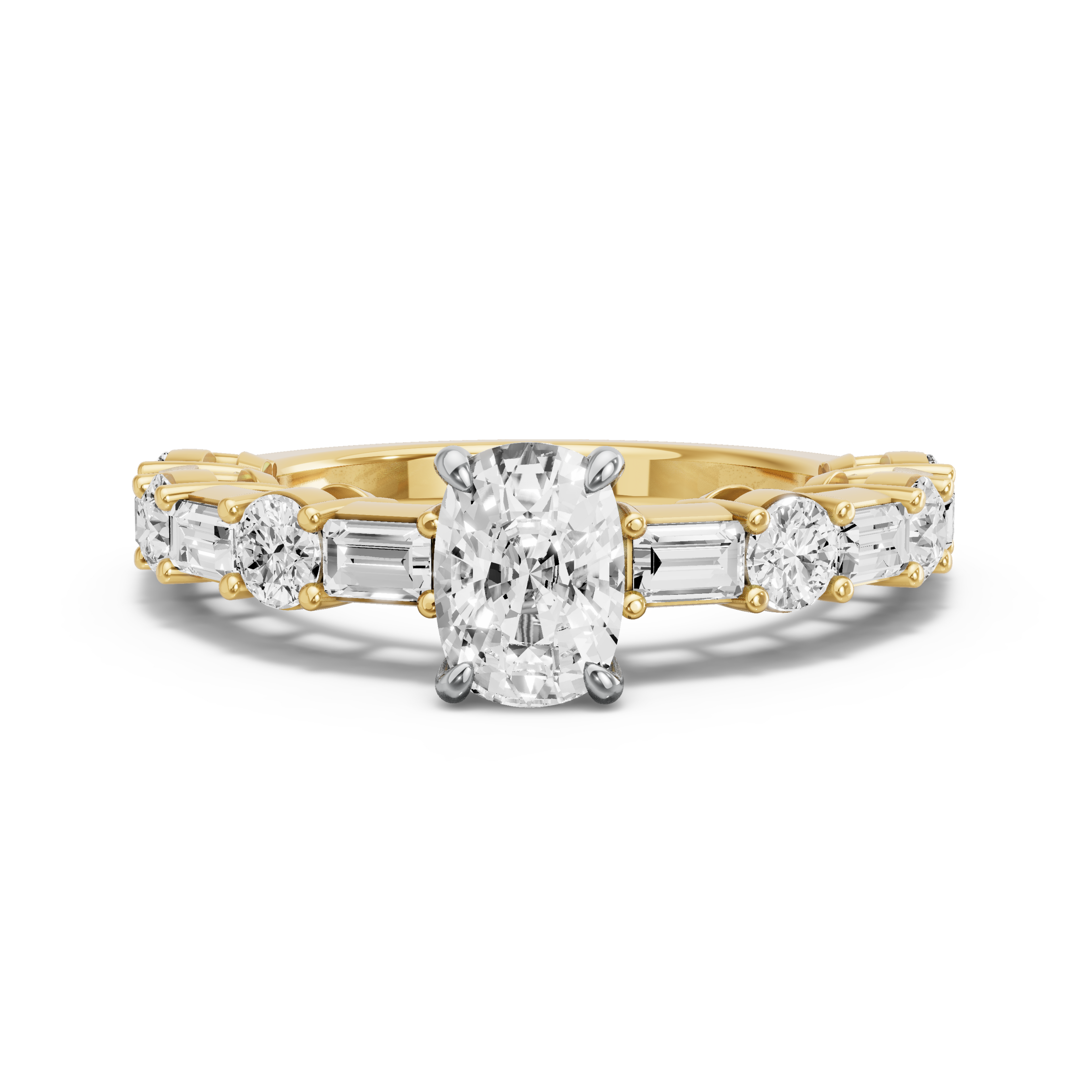 Image for Cushion Four Prong Ring with Alternating Baguette band in 18K Two Tone Yellow Gold