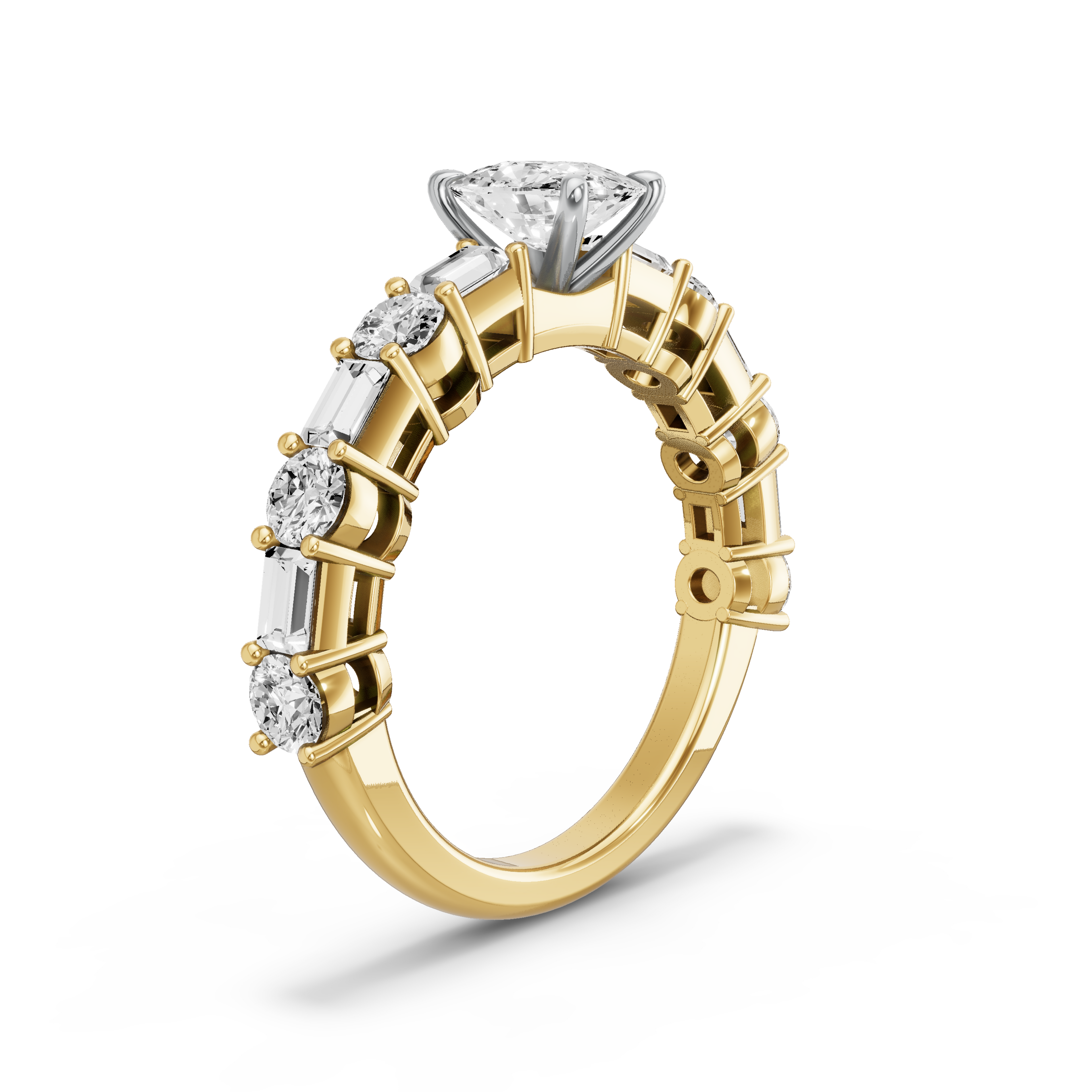 Image for Cushion Four Prong Ring with Alternating Baguette band in 18K Two Tone Yellow Gold