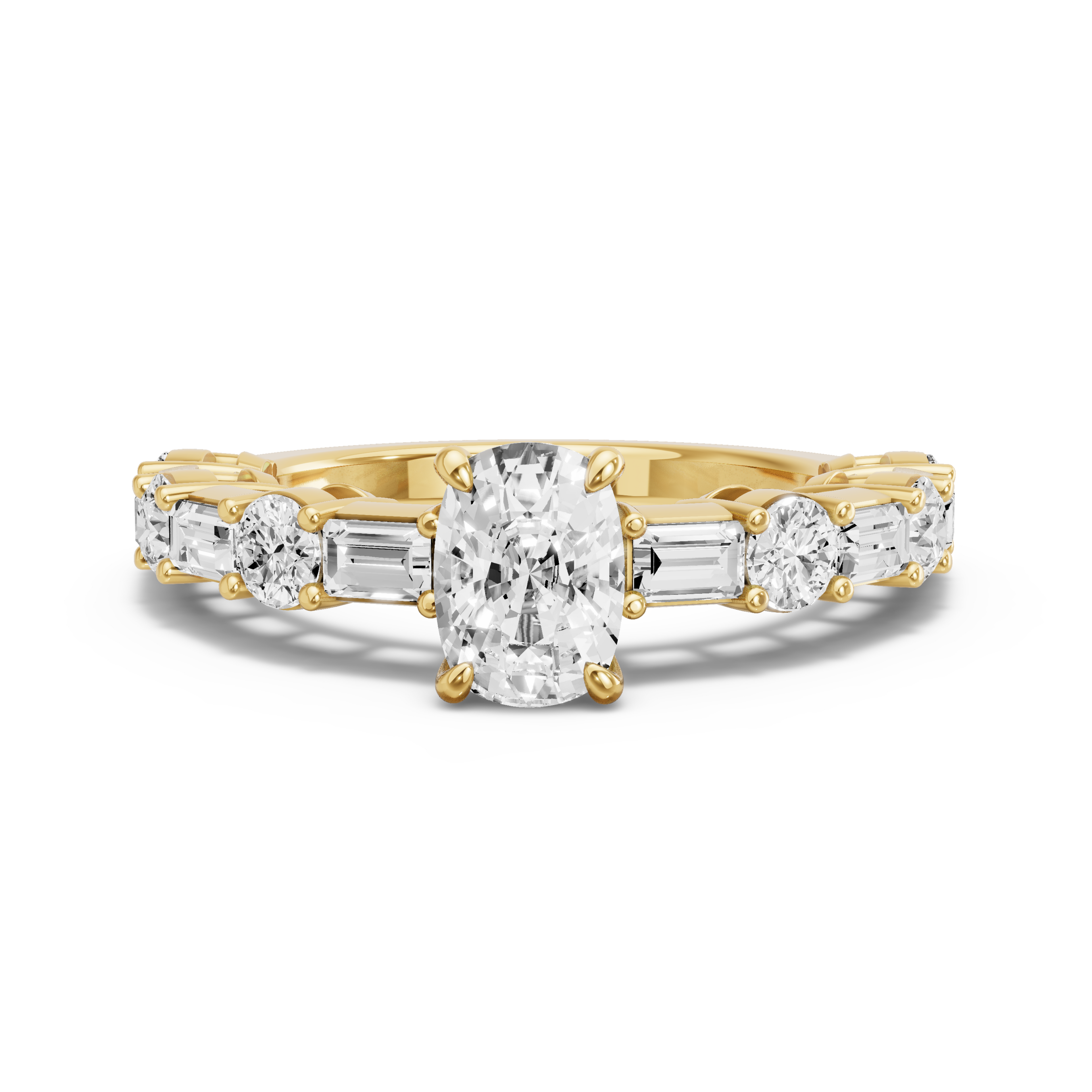 Image for Cushion Four Prong Ring with Alternating Baguette band in 14K Yellow Gold