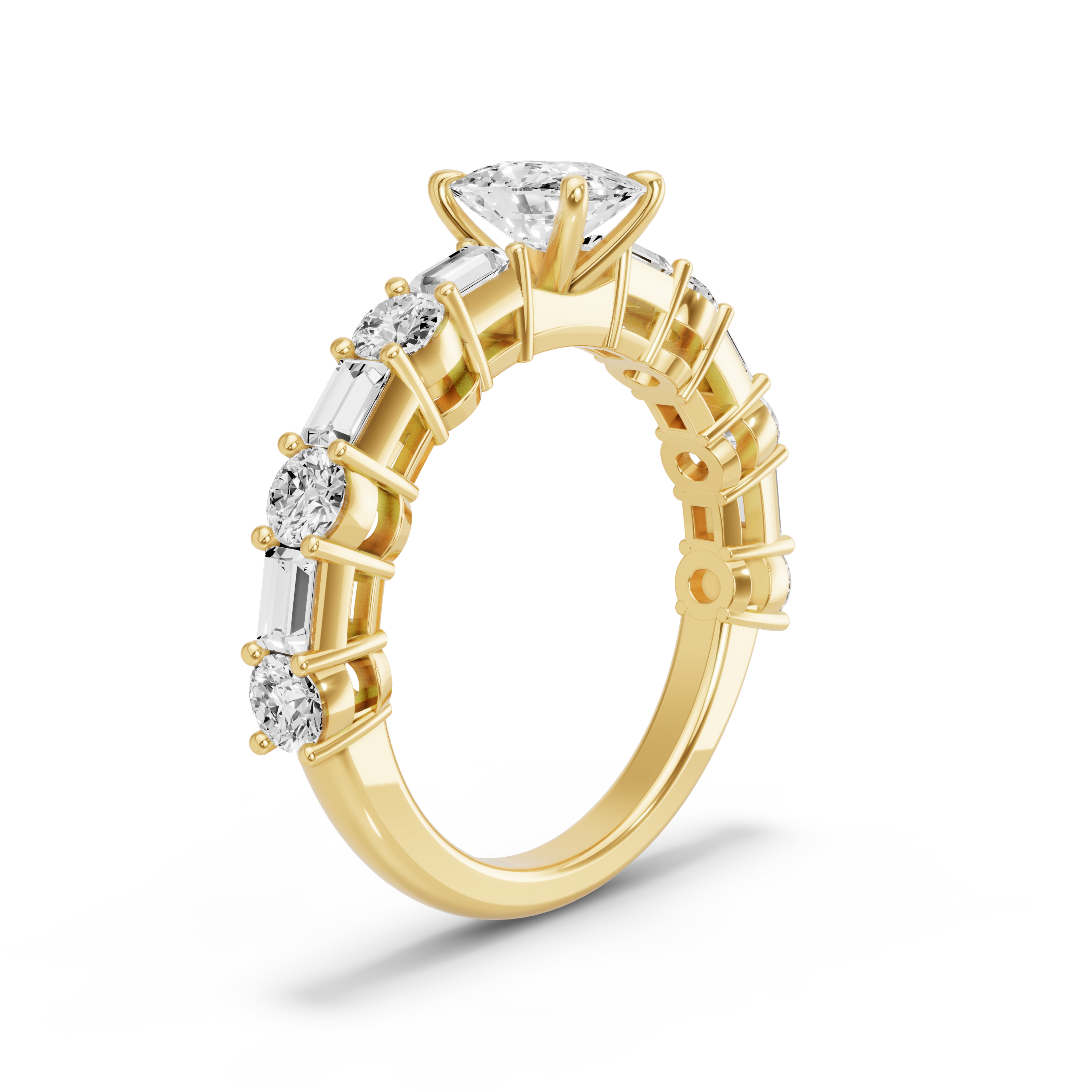 Image for Cushion Four Prong Ring with Alternating Baguette band in 10K Yellow Gold
