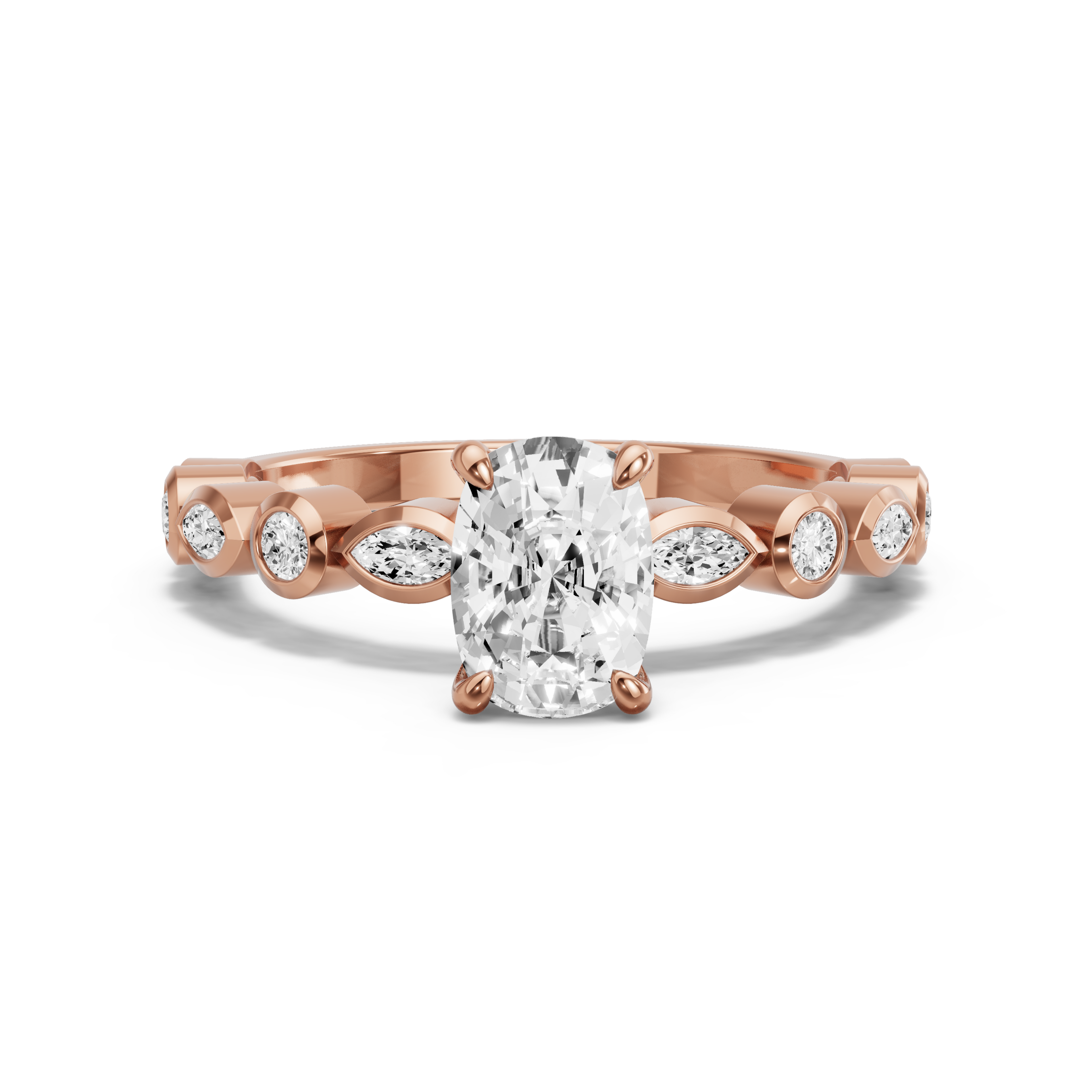 Image for Cushion Four Prong Ring with Alternating Marquise band in 18K Rose Gold