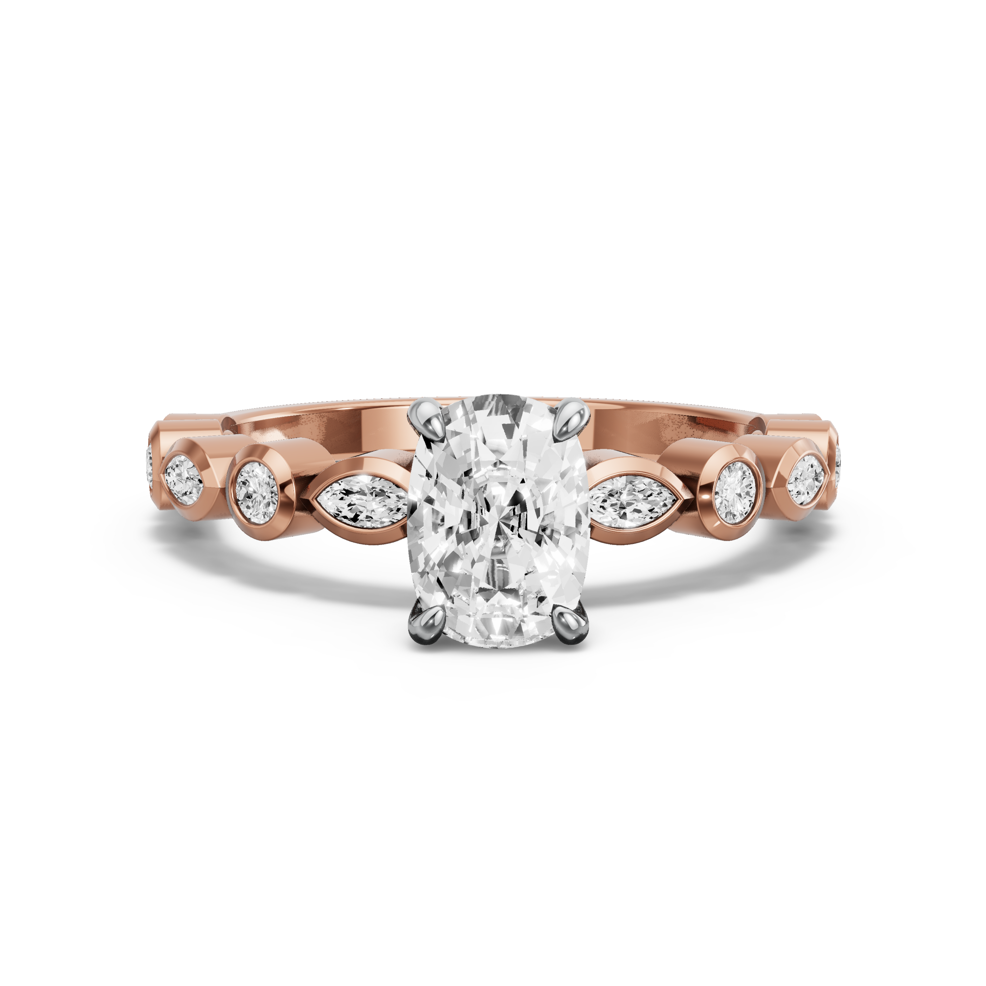 Image for Cushion Four Prong Ring with Alternating Marquise band in 10K Two Tone Rose Gold