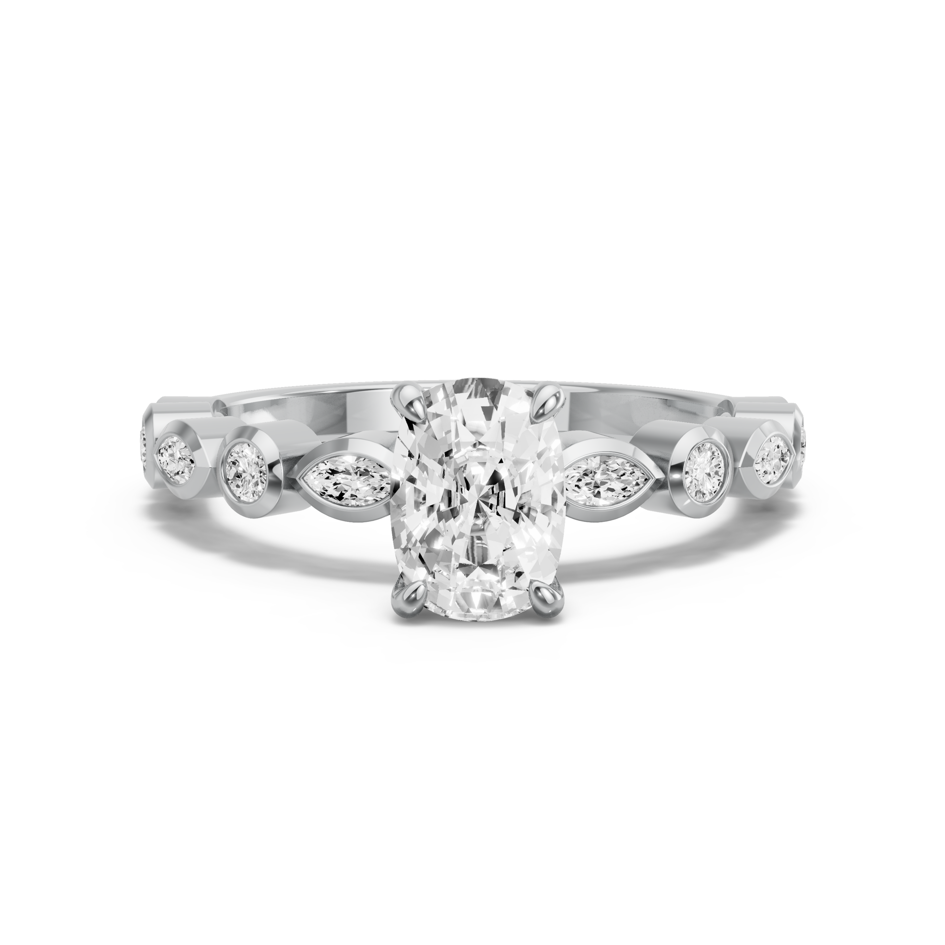Image for Cushion Four Prong Ring with Alternating Marquise band in 18K White Gold