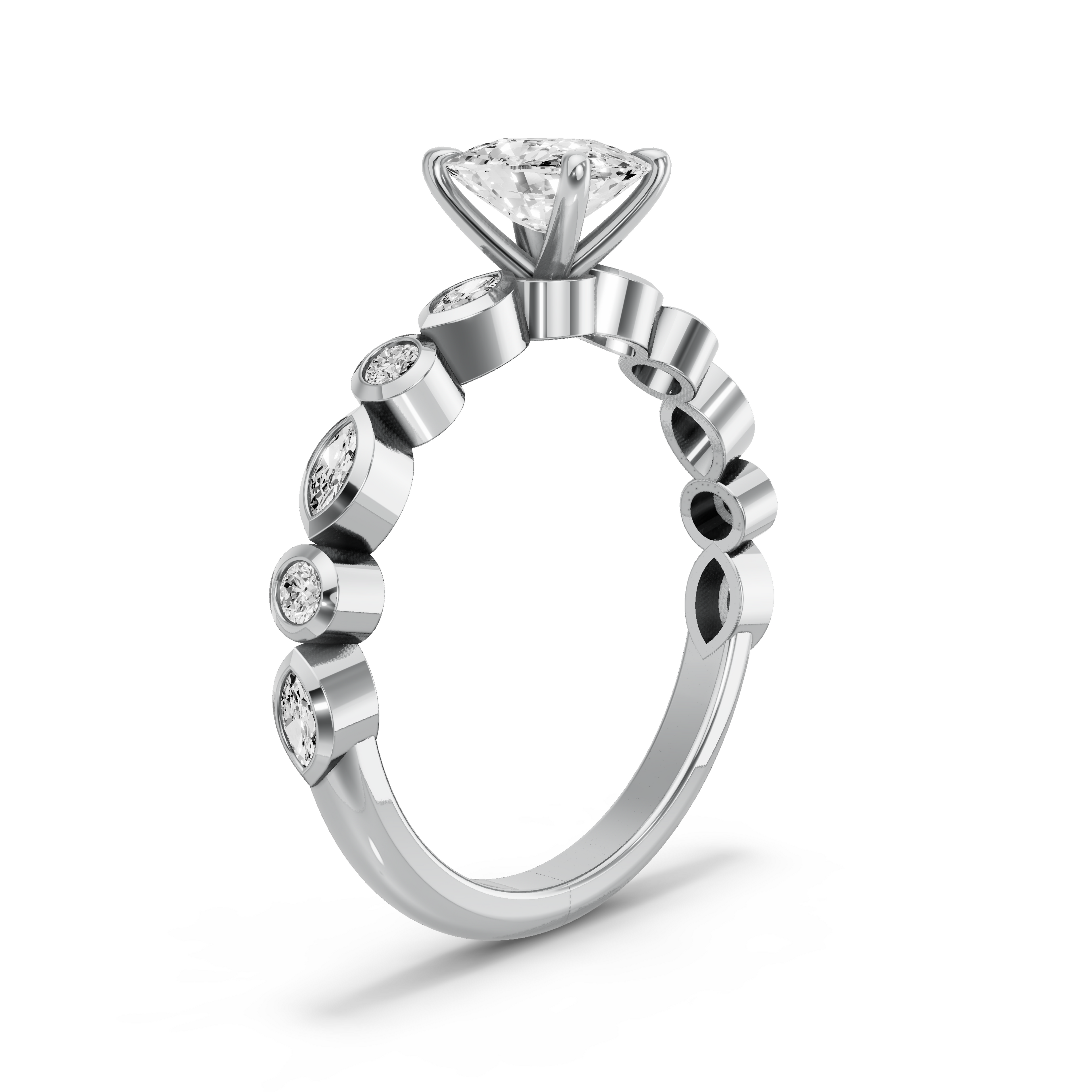 Image for Cushion Four Prong Ring with Alternating Marquise band in 18K White Gold