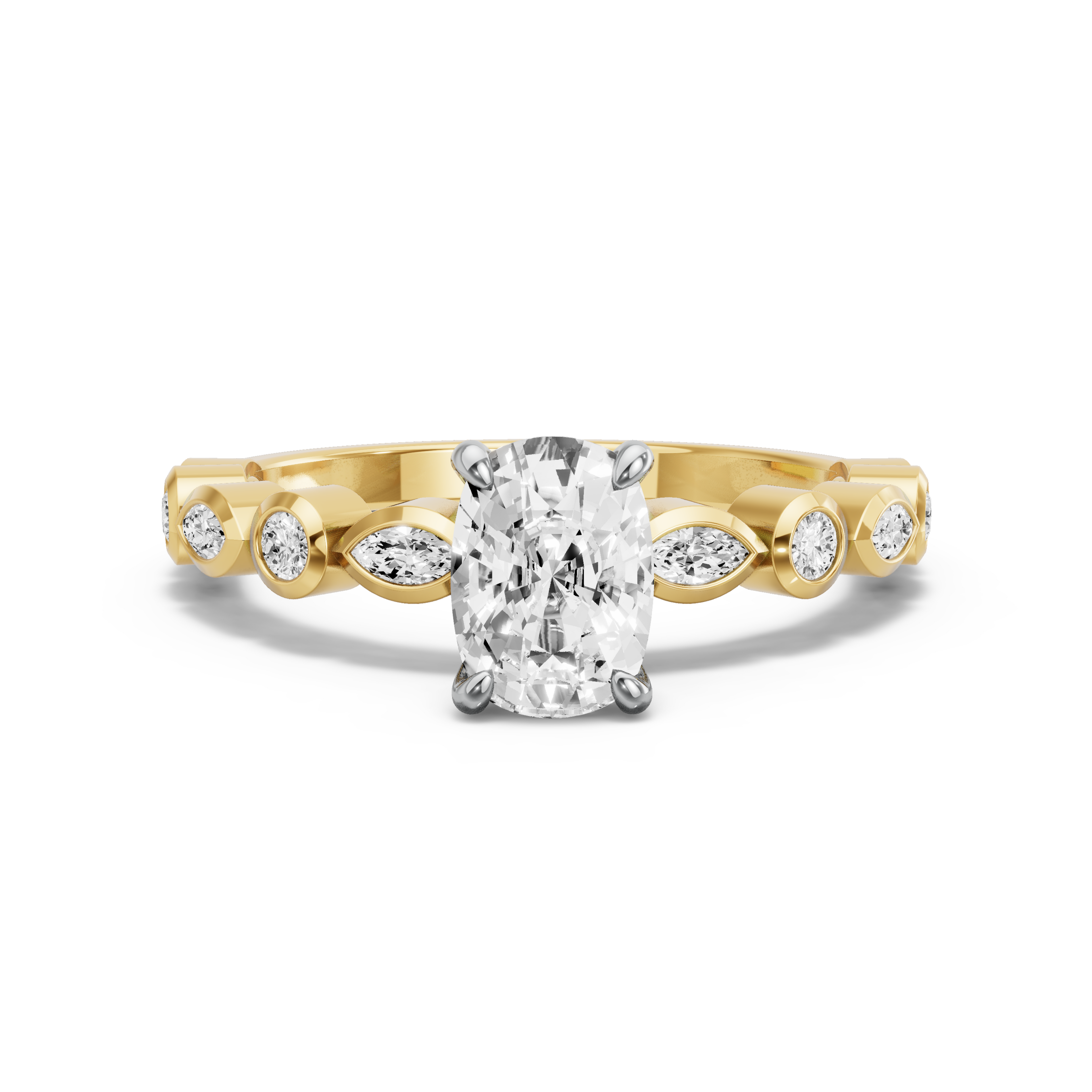 Image for Cushion Four Prong Ring with Alternating Marquise band in 18K Two Tone Yellow Gold