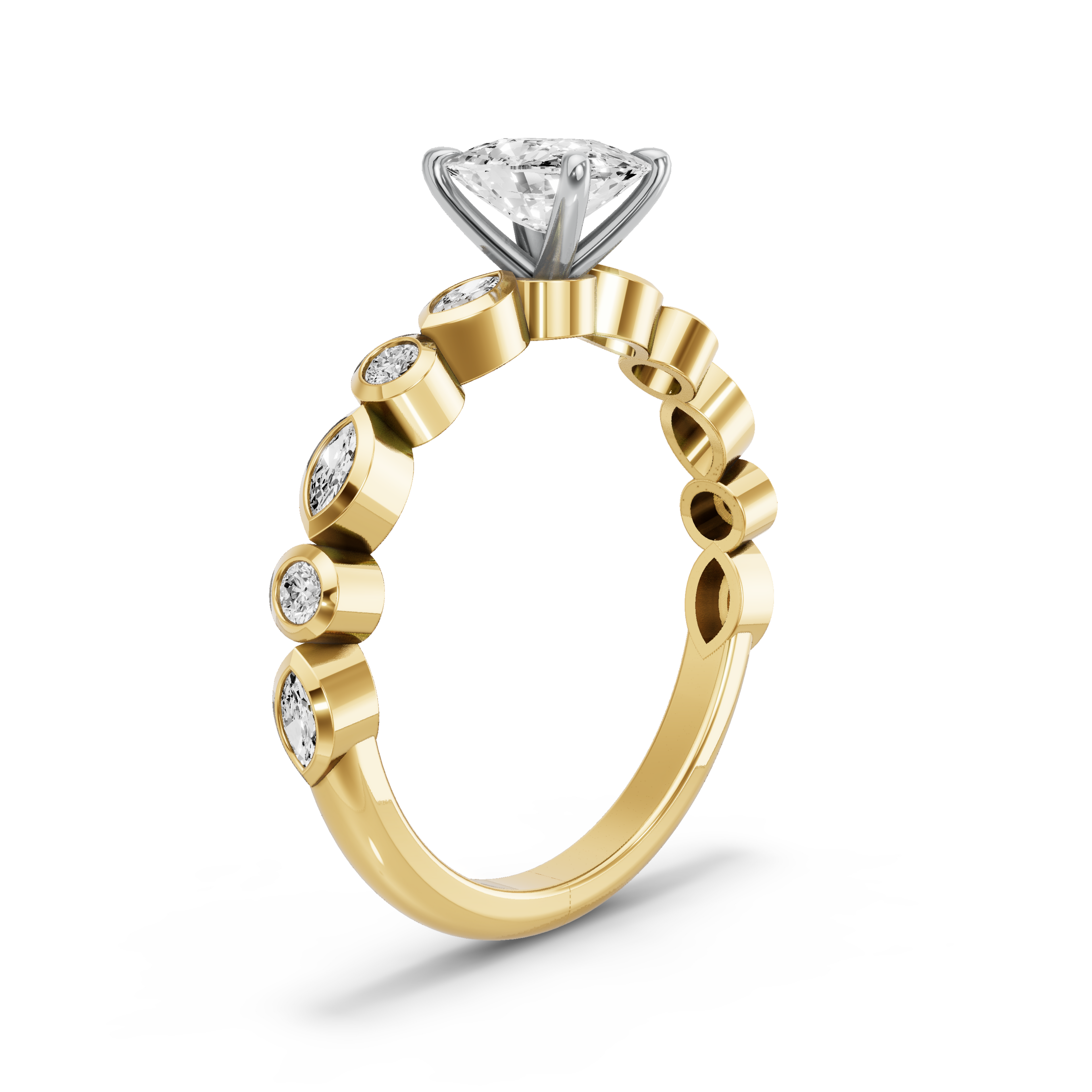 Image for Cushion Four Prong Ring with Alternating Marquise band in 10K Two Tone Yellow Gold