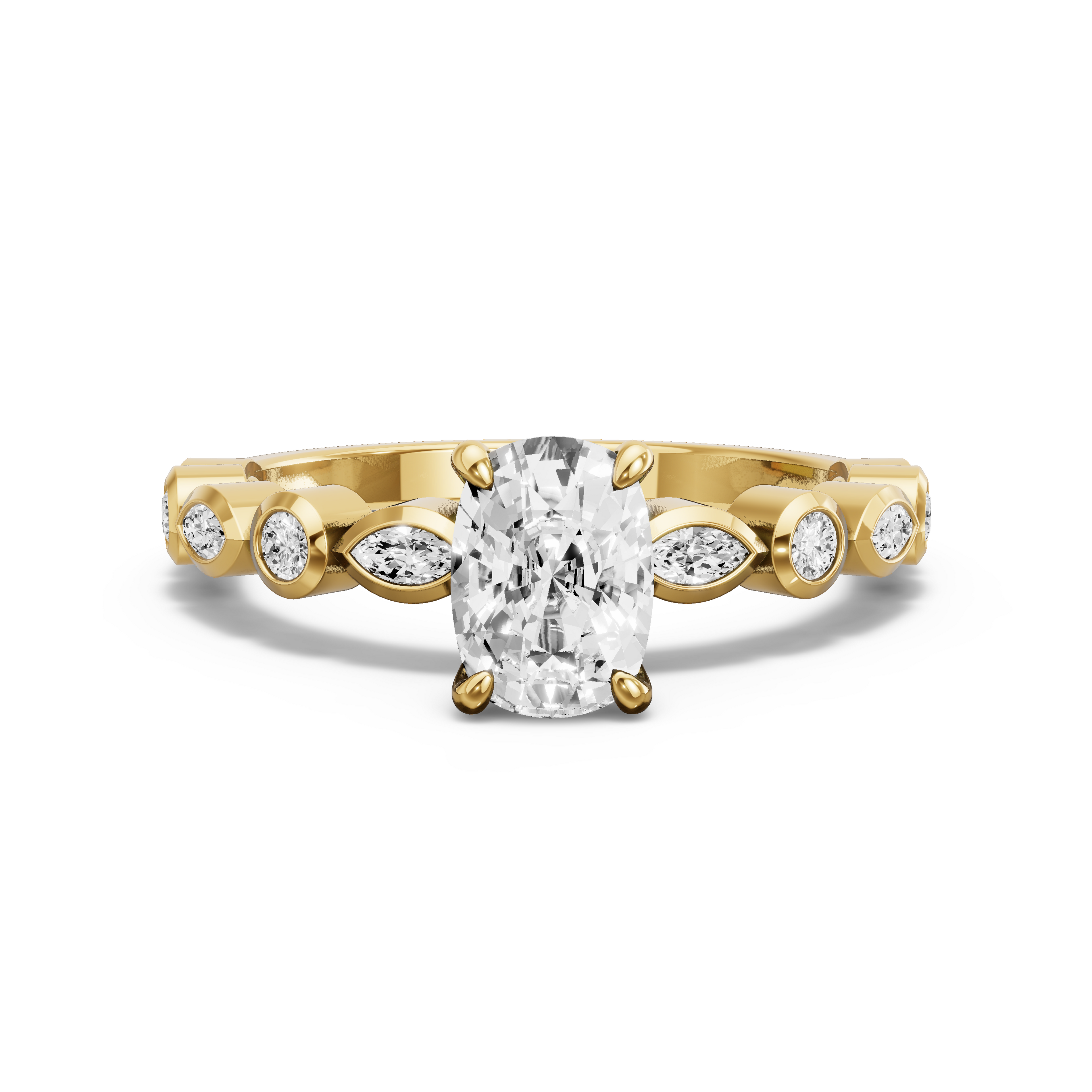 Image for Cushion Four Prong Ring with Alternating Marquise band in 10K Yellow Gold
