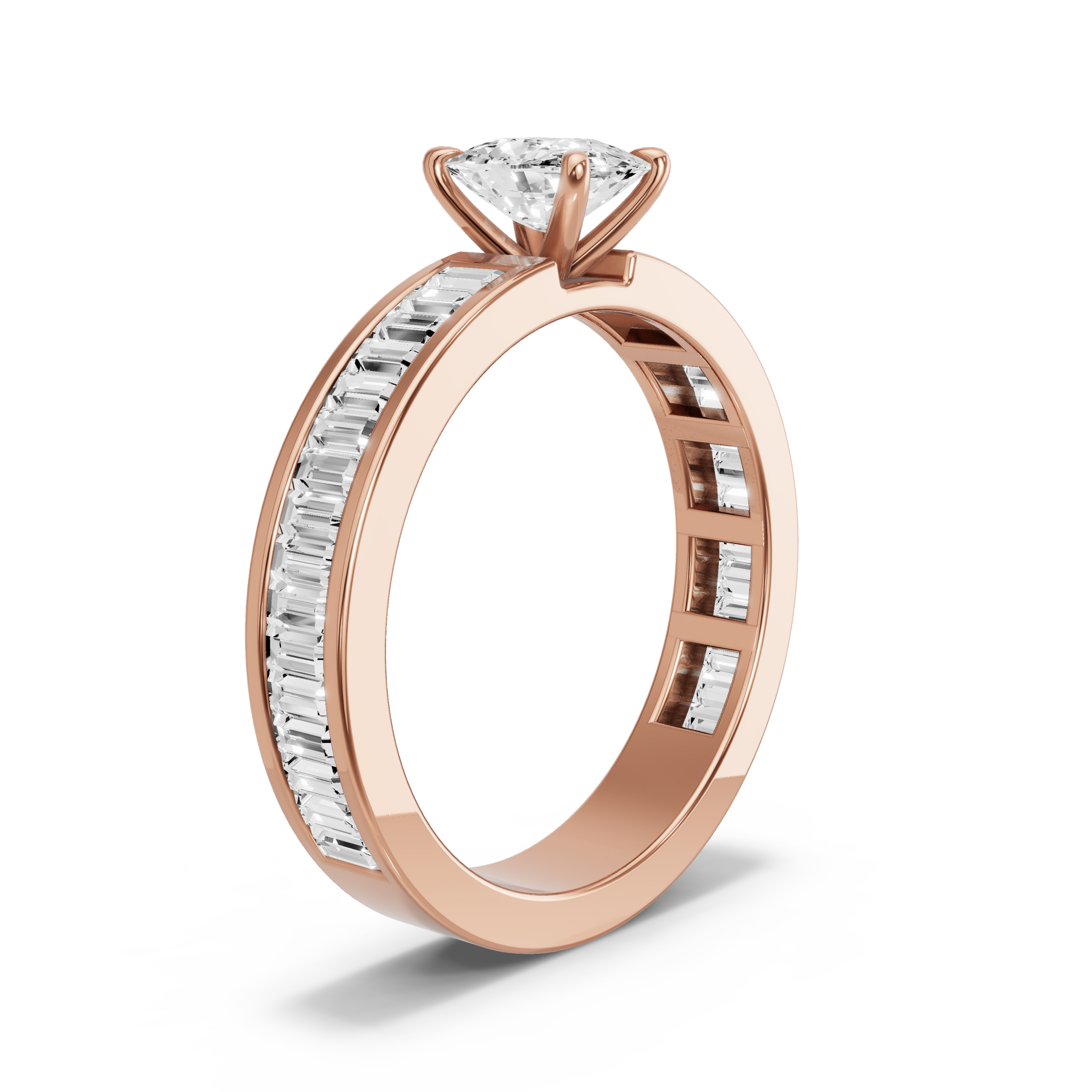 Image for Cushion Four Prong Ring with Baguette Channel band in 10K Rose Gold