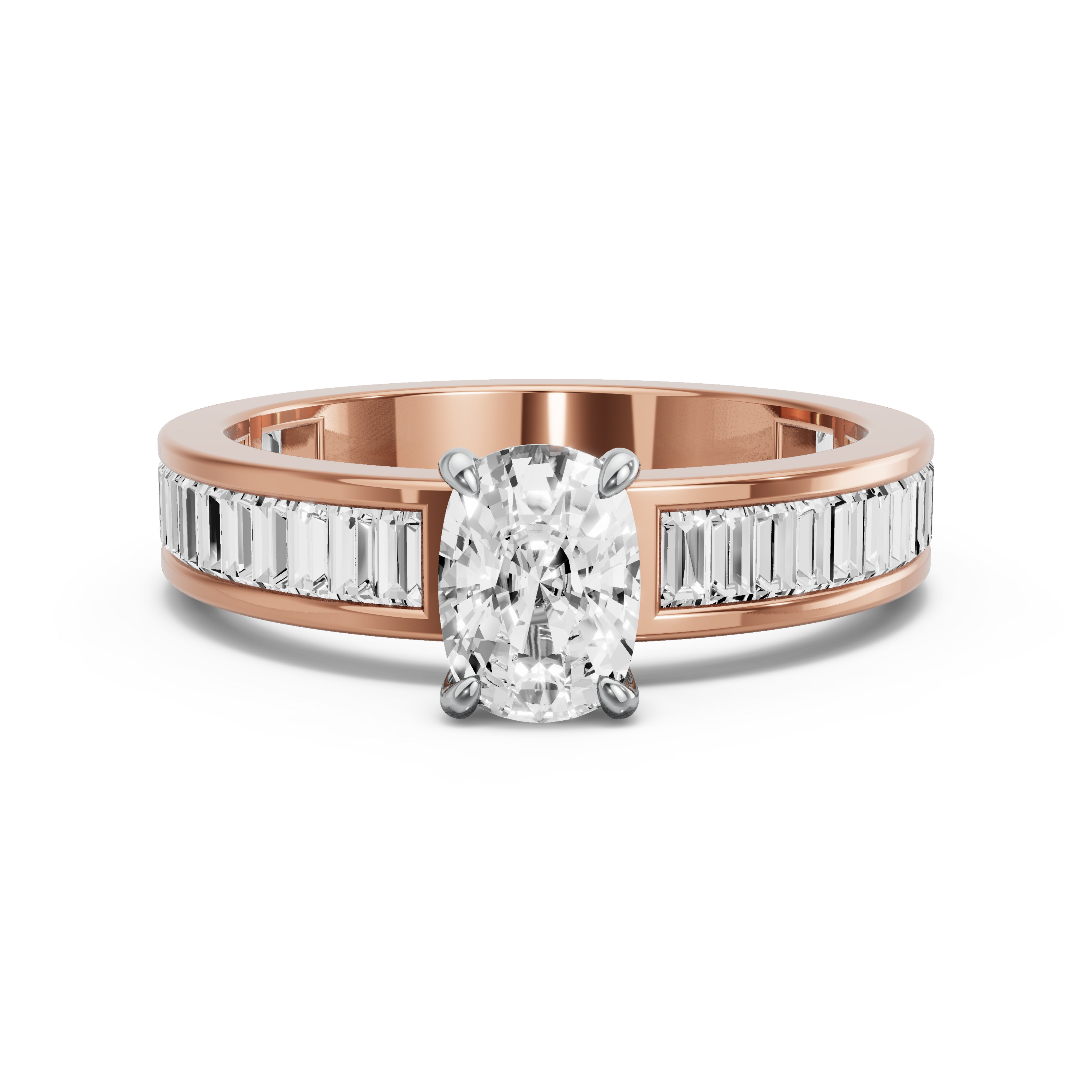 Image for Cushion Four Prong Ring with Baguette Channel band in 14K Two Tone Rose Gold