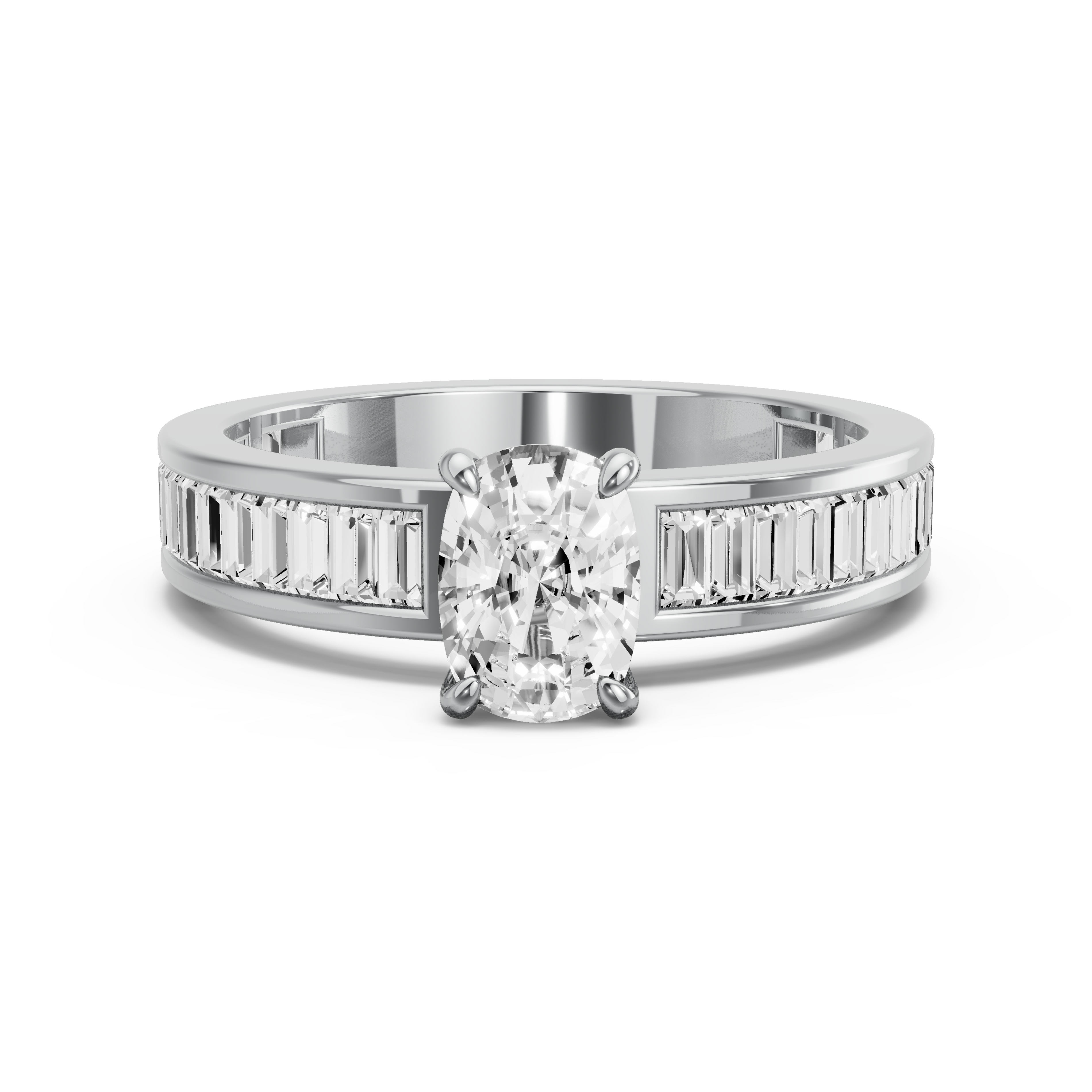 Image for Cushion Four Prong Ring with Baguette Channel band in 10K White Gold