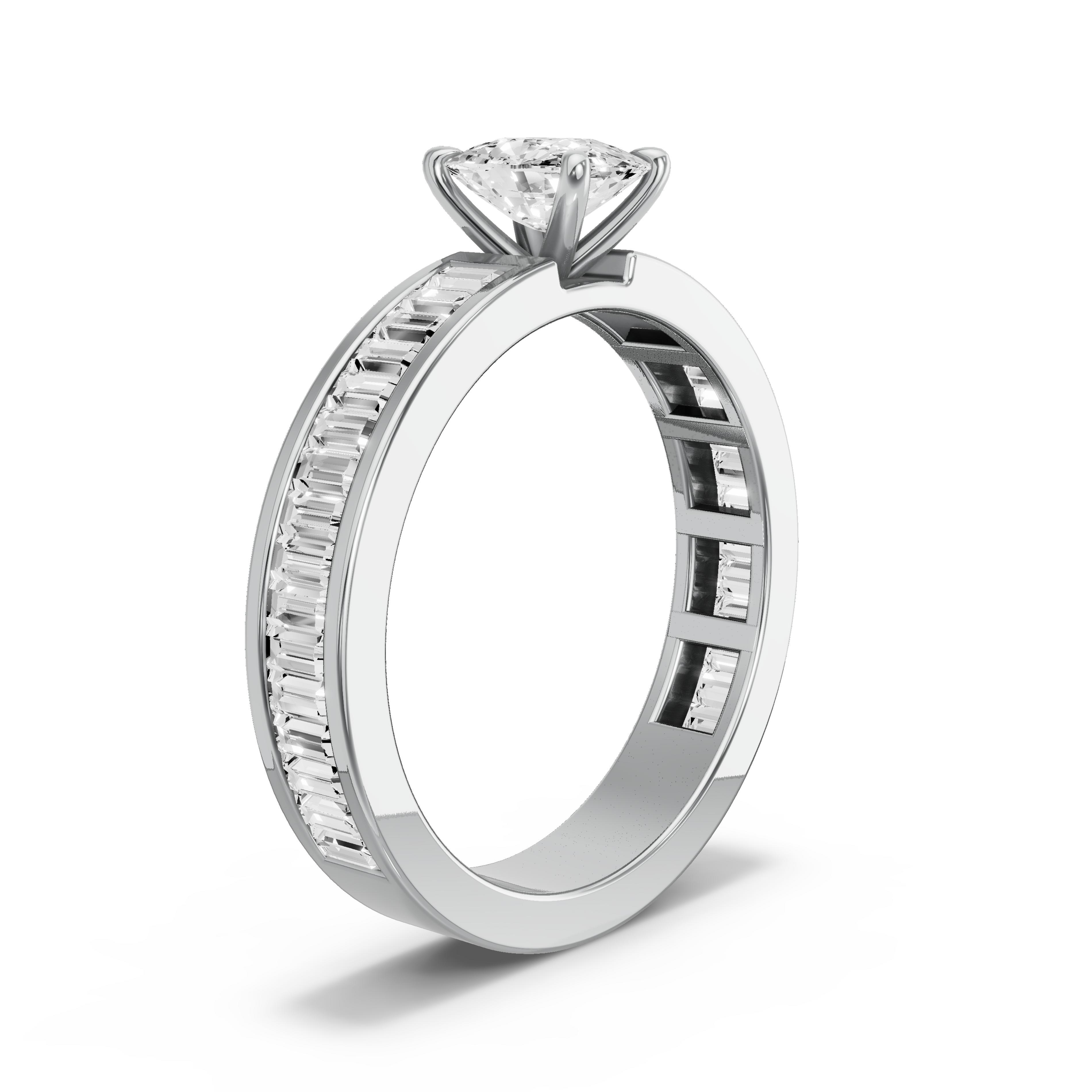 Image for Cushion Four Prong Ring with Baguette Channel band in 18K White Gold