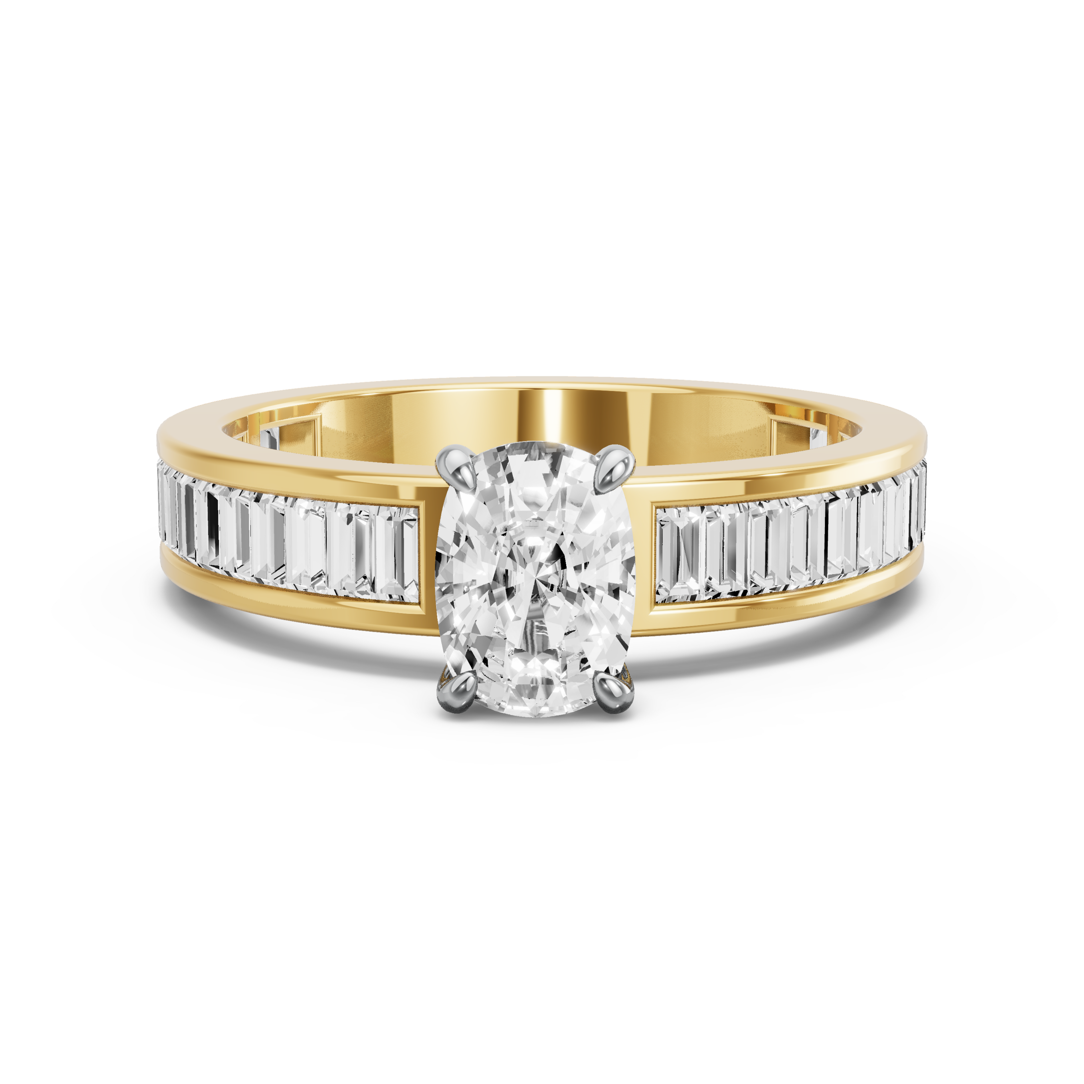 Image for Cushion Four Prong Ring with Baguette Channel band in 10K Two Tone Yellow Gold