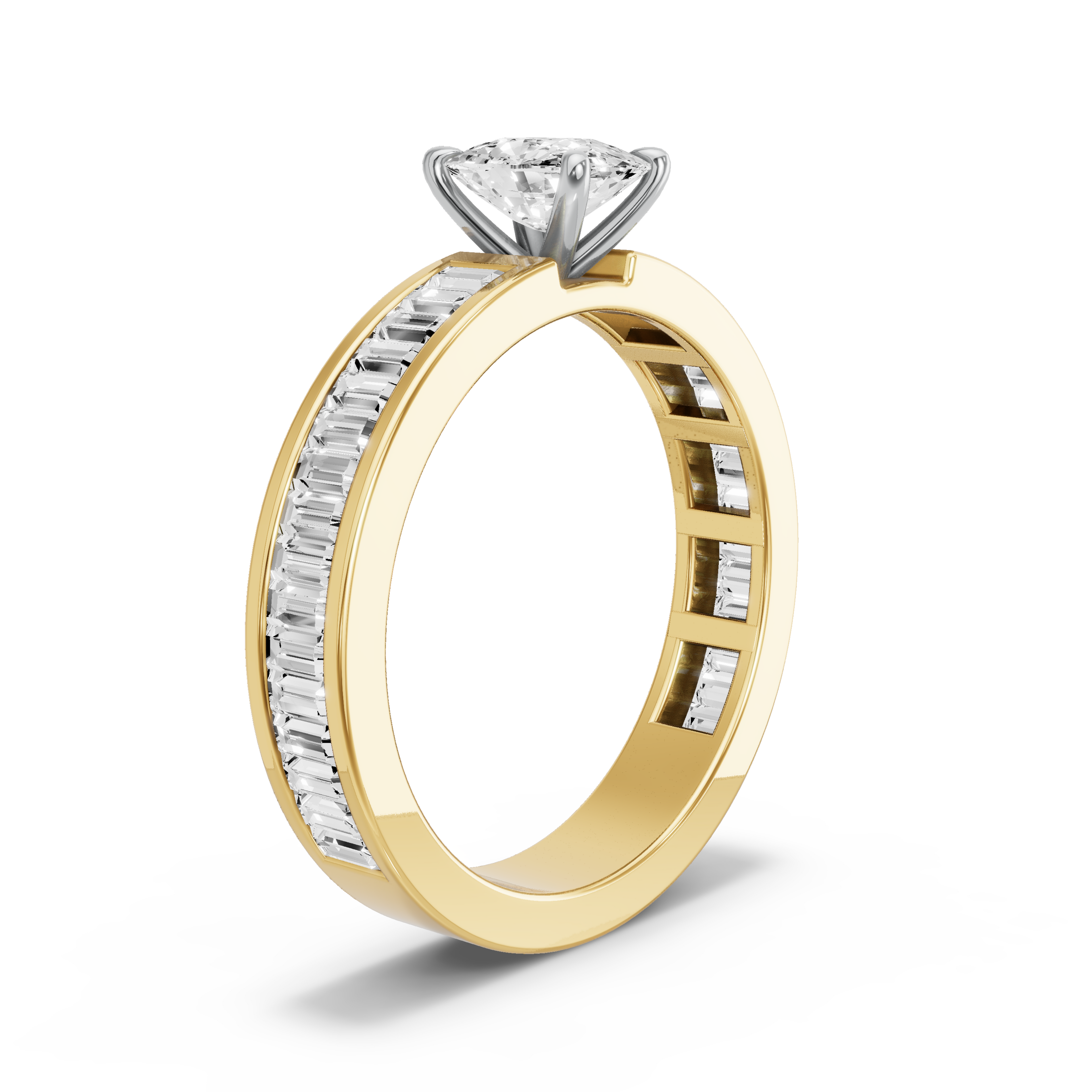 Image for Cushion Four Prong Ring with Baguette Channel band in 18K Two Tone Yellow Gold