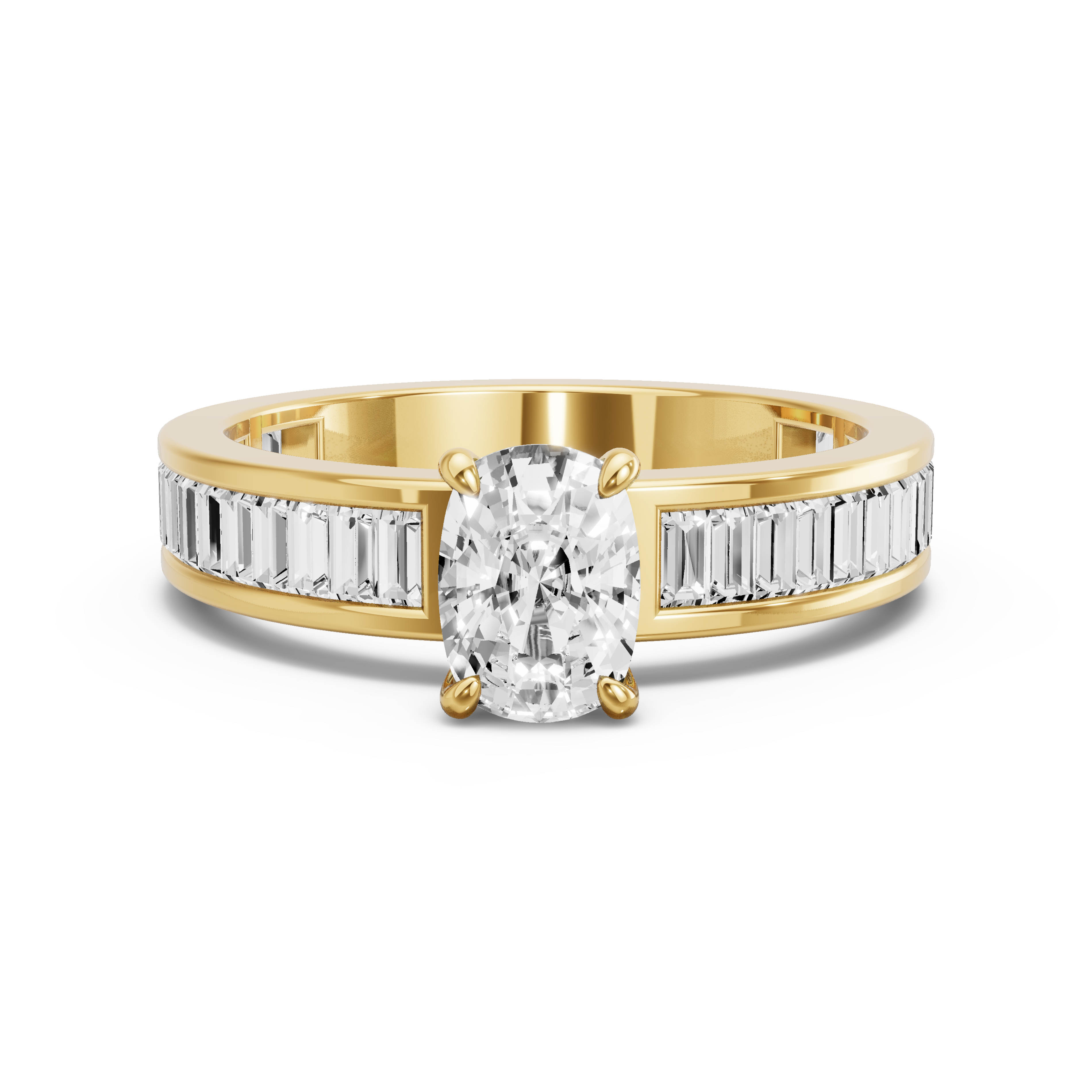 Image for Cushion Four Prong Ring with Baguette Channel band in 18K Yellow Gold