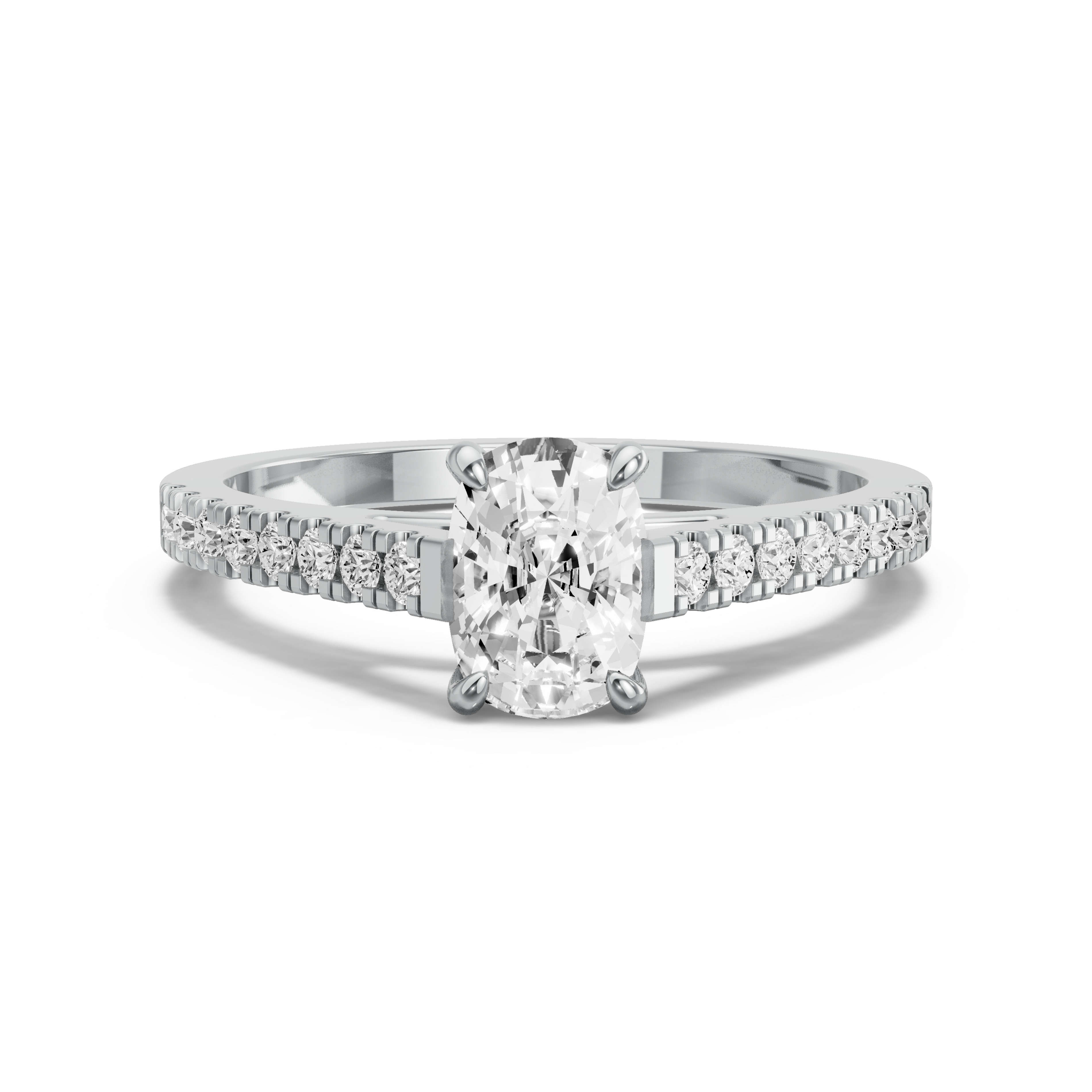 Image for Cushion Four Prong Ring with Cathedral Pave band in 14K White Gold