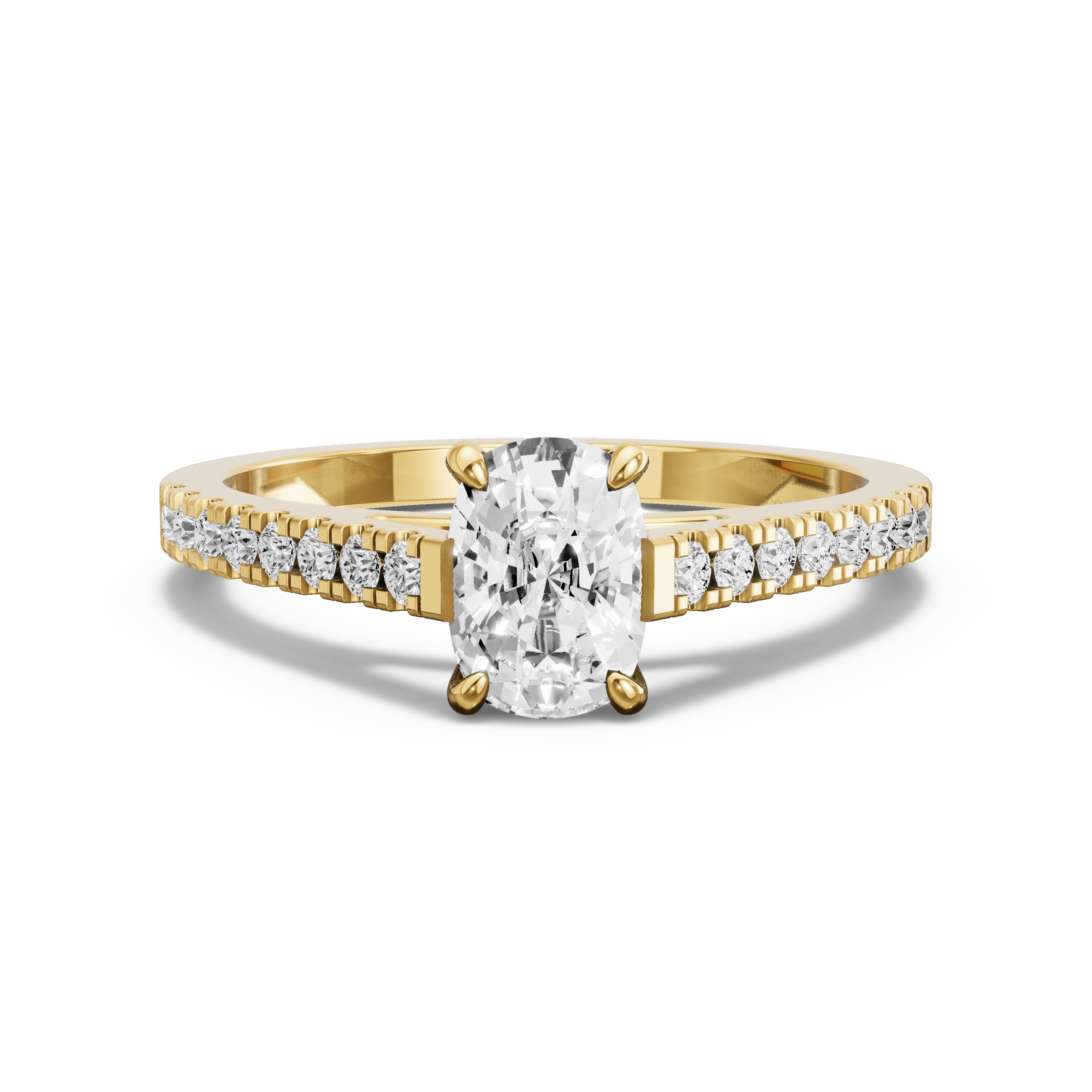 Image for Cushion Four Prong Ring with Cathedral Pave band in 10K Yellow Gold