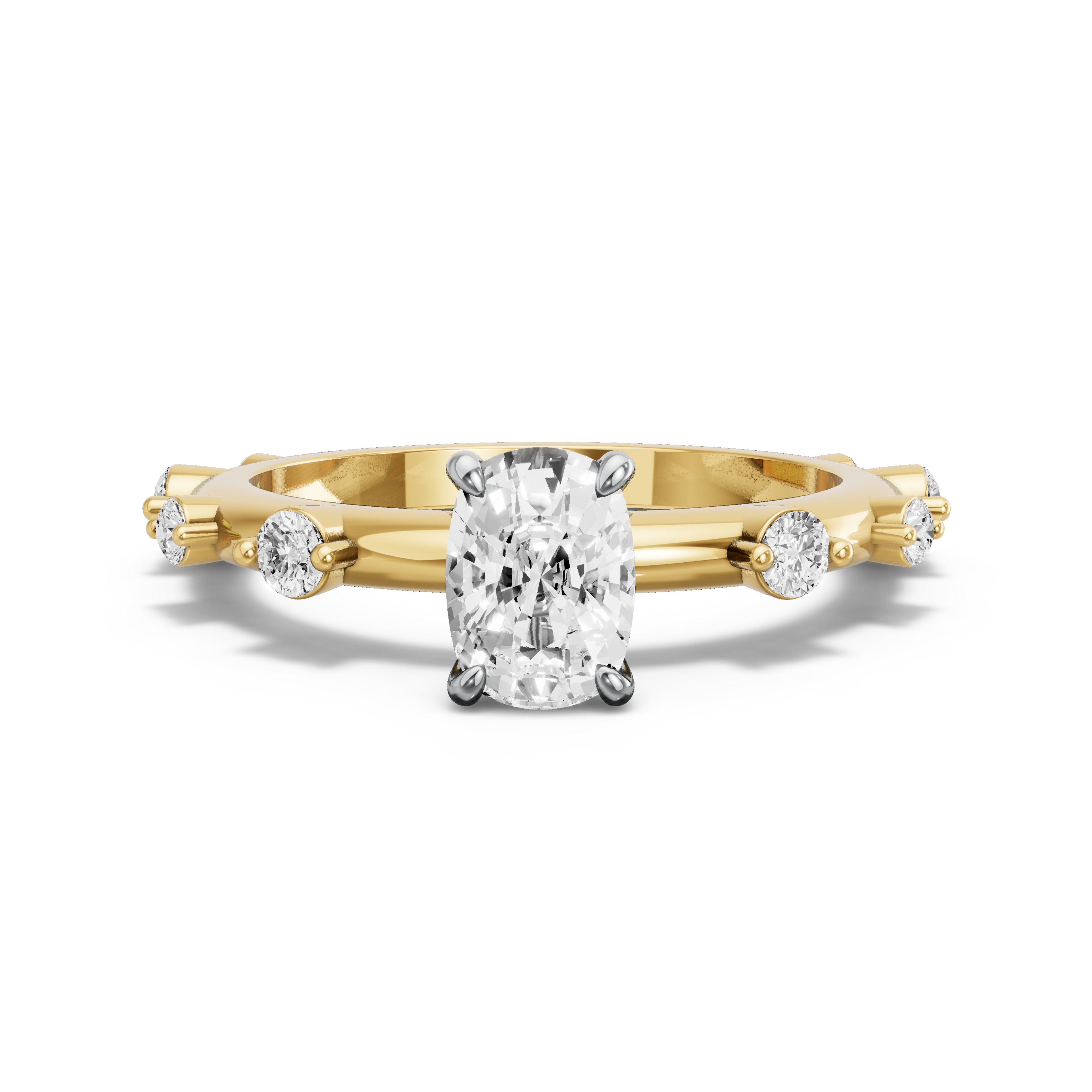 Image for Cushion Four Prong Ring with Floating Station band in 10K Two Tone Yellow Gold