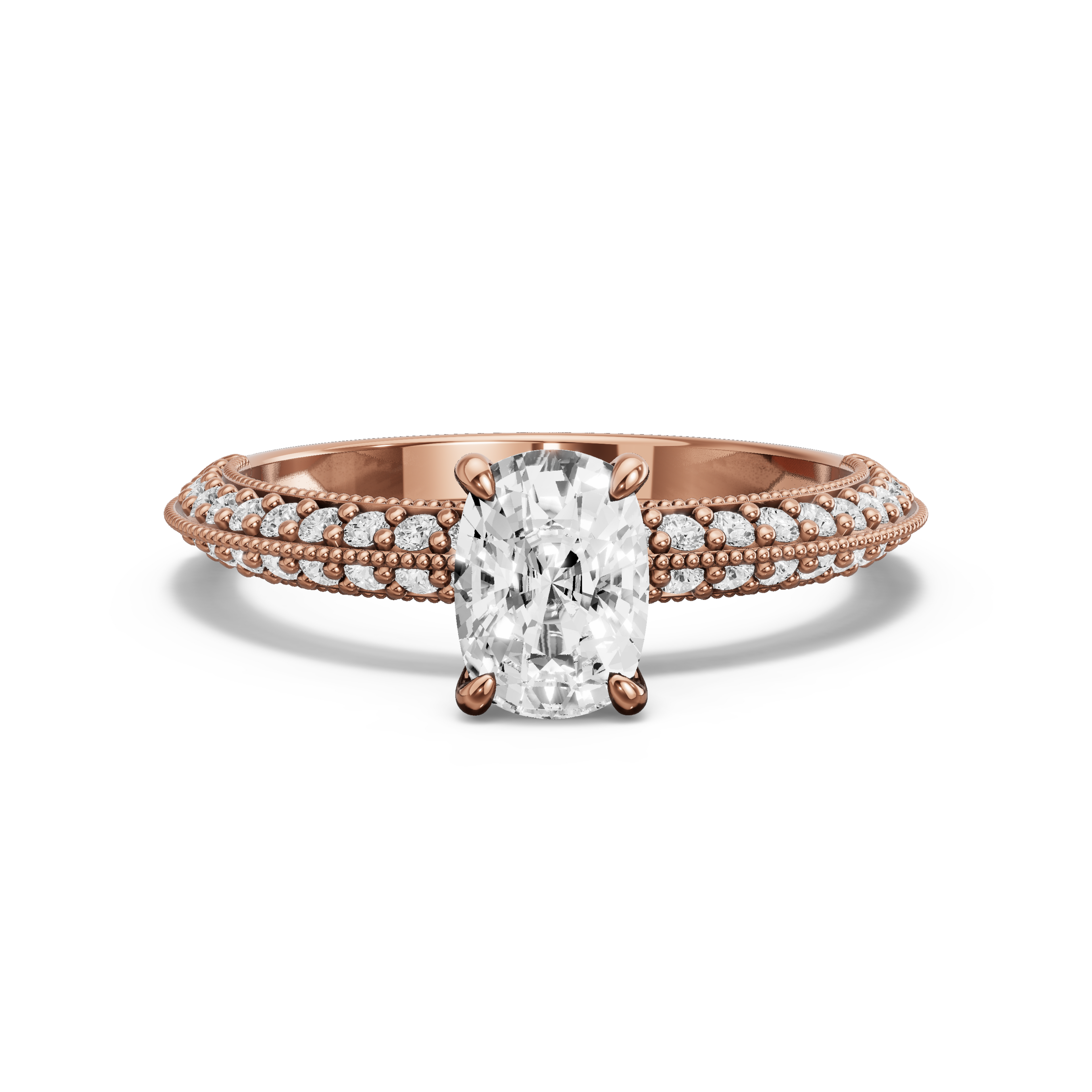 Image for Cushion Four Prong Ring with Knife Edge Pave band in 14K Rose Gold