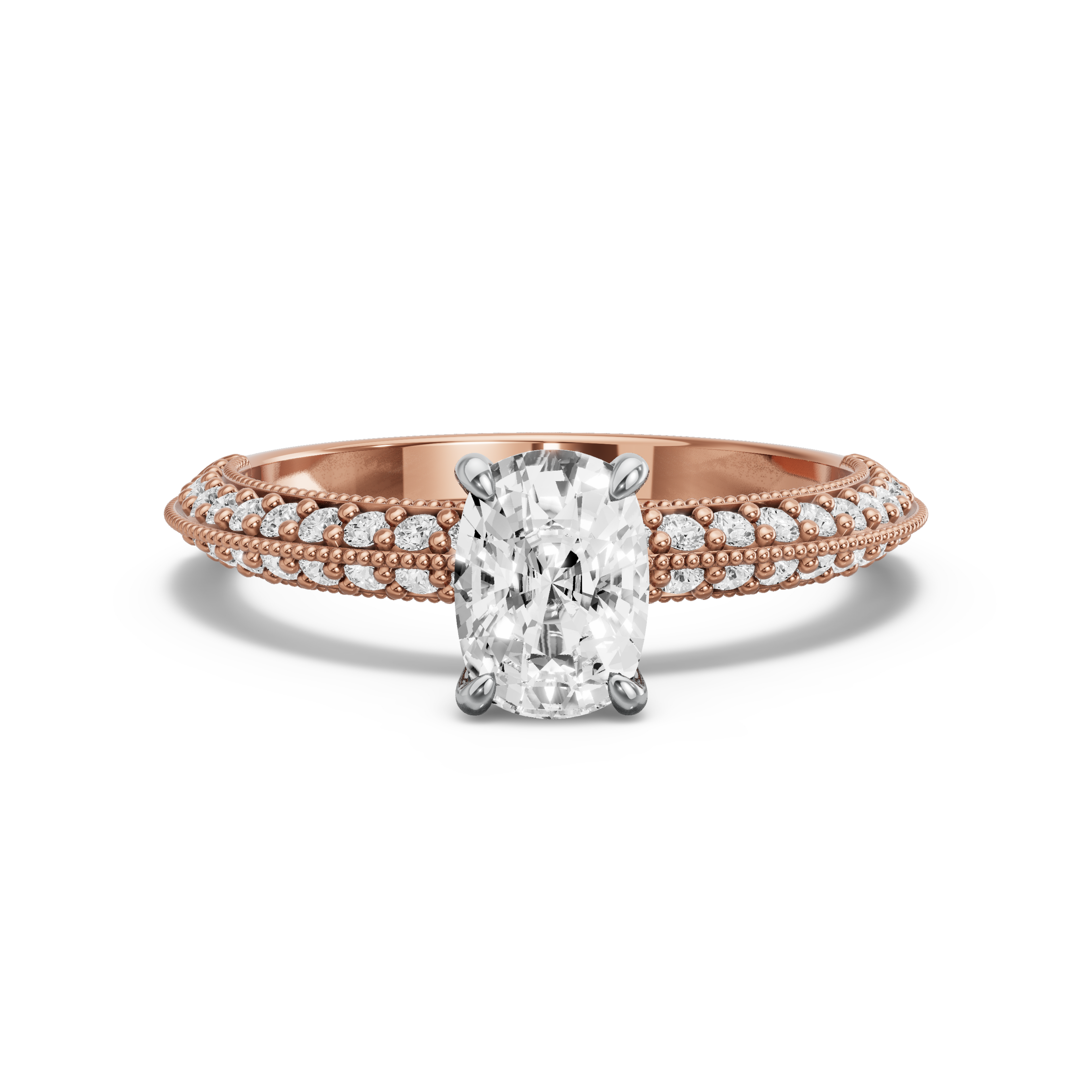 Image for Cushion Four Prong Ring with Knife Edge Pave band in 14K Two Tone Rose Gold
