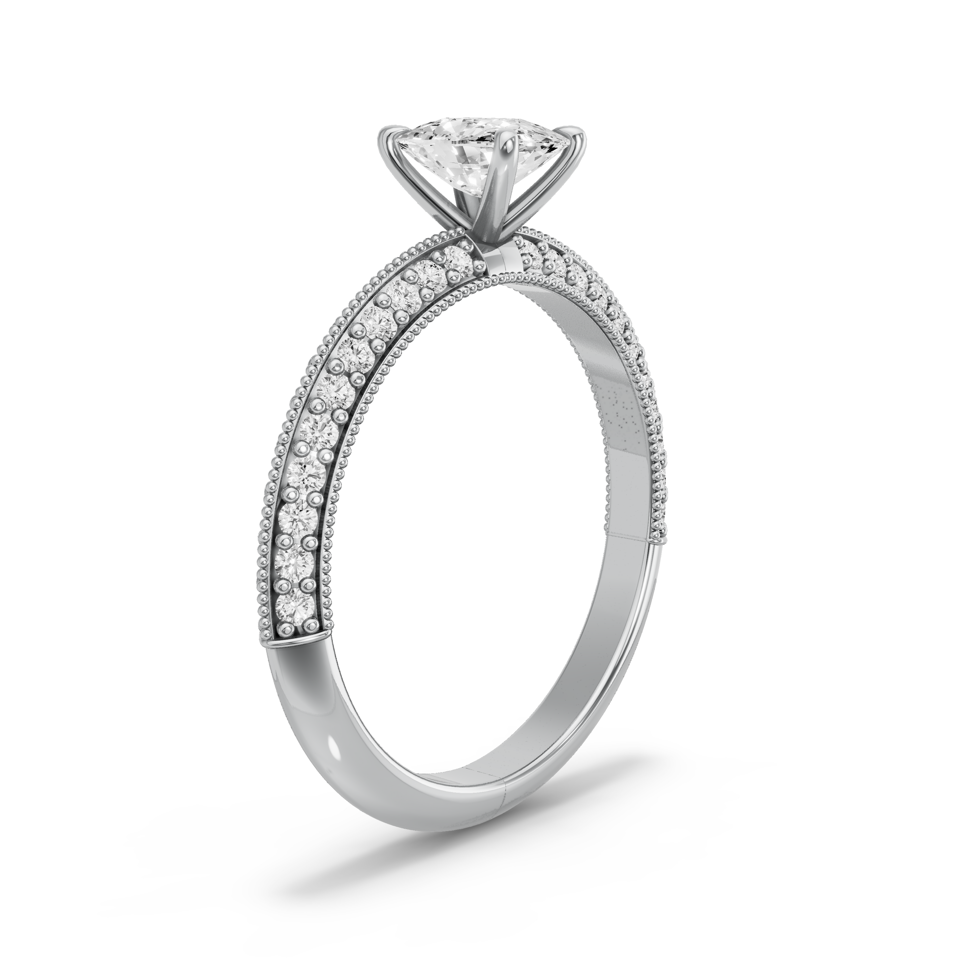 Image for Cushion Four Prong Ring with Knife Edge Pave band in 14K White Gold