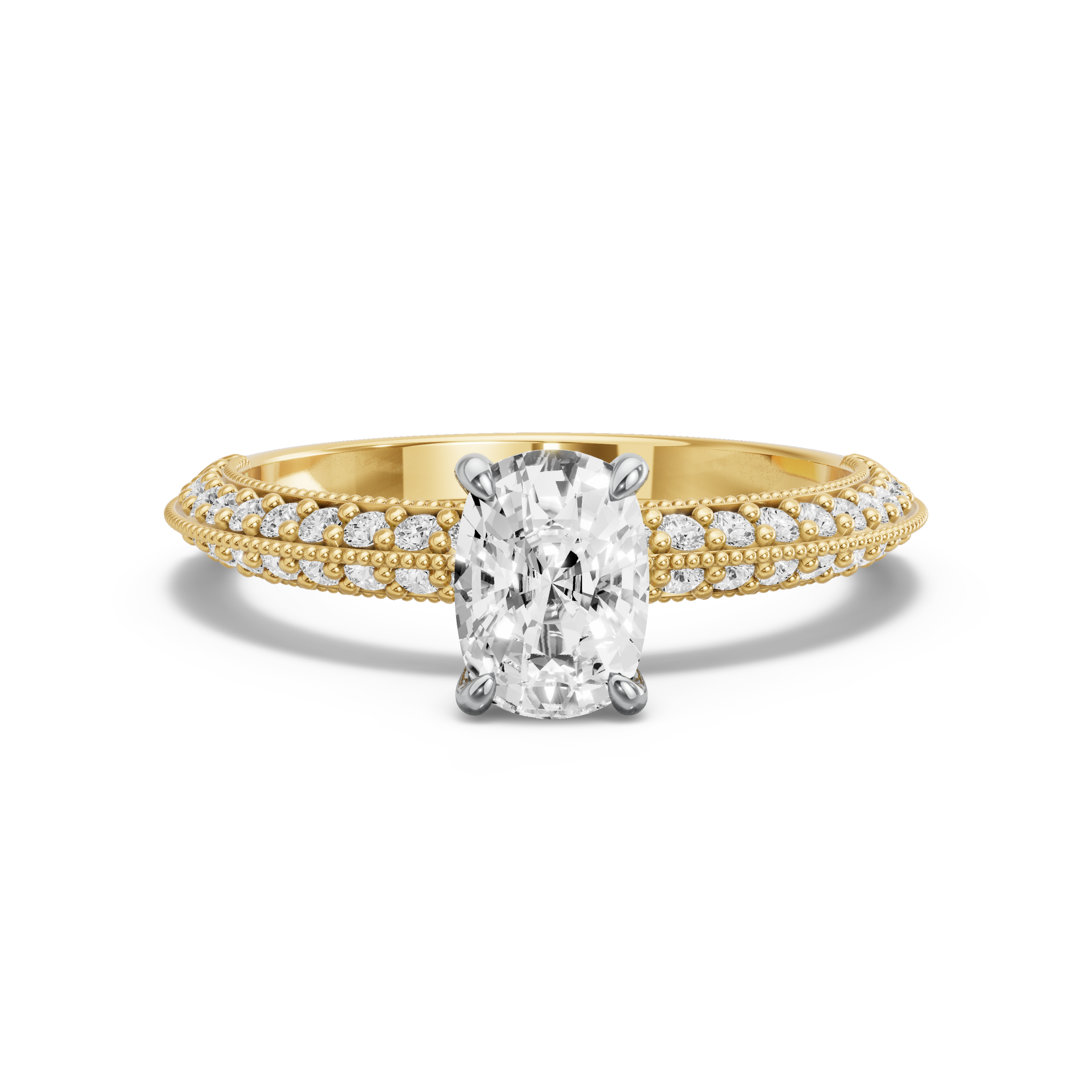 Image for Cushion Four Prong Ring with Knife Edge Pave band in 18K Two Tone Yellow Gold