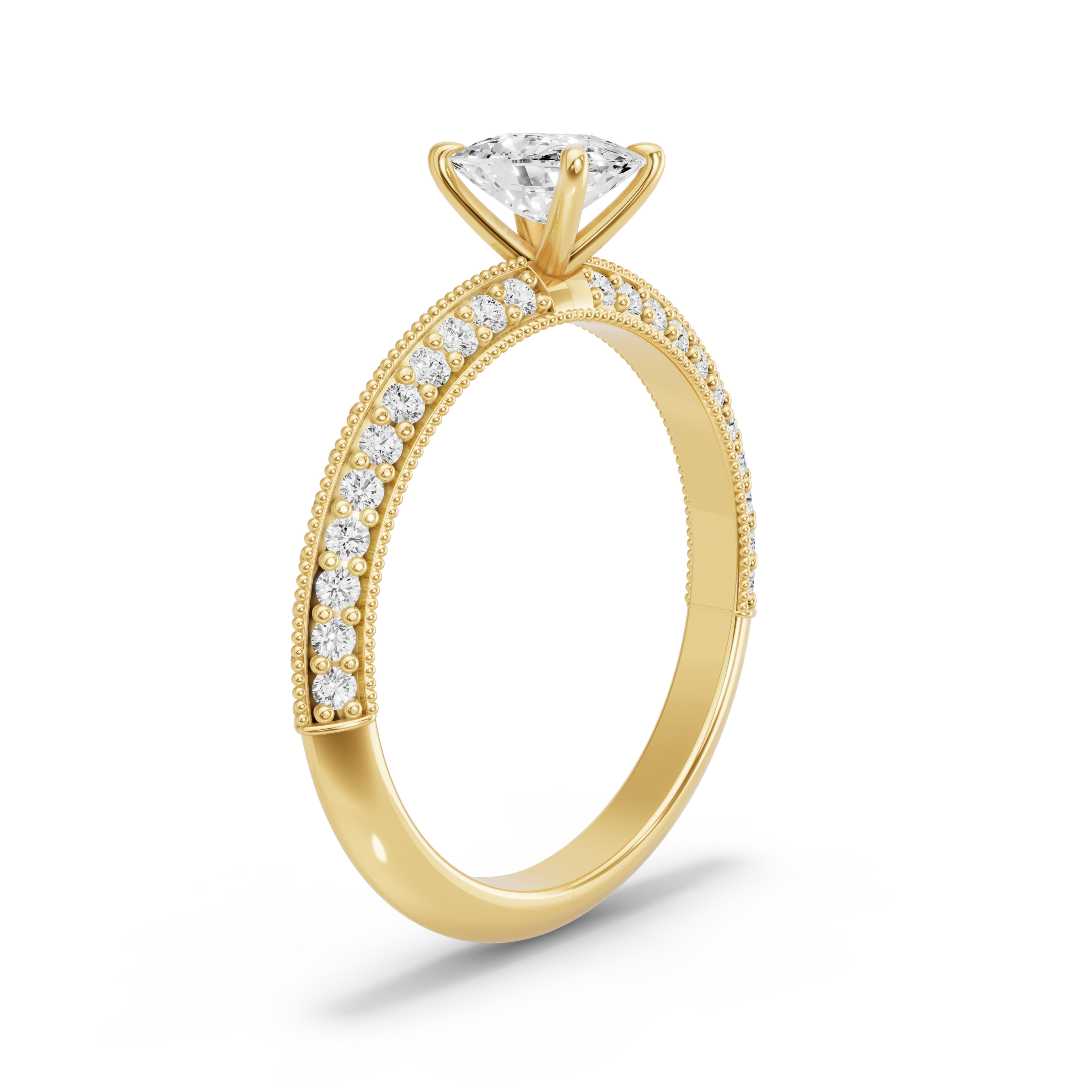 Image for Cushion Four Prong Ring with Knife Edge Pave band in 14K Yellow Gold