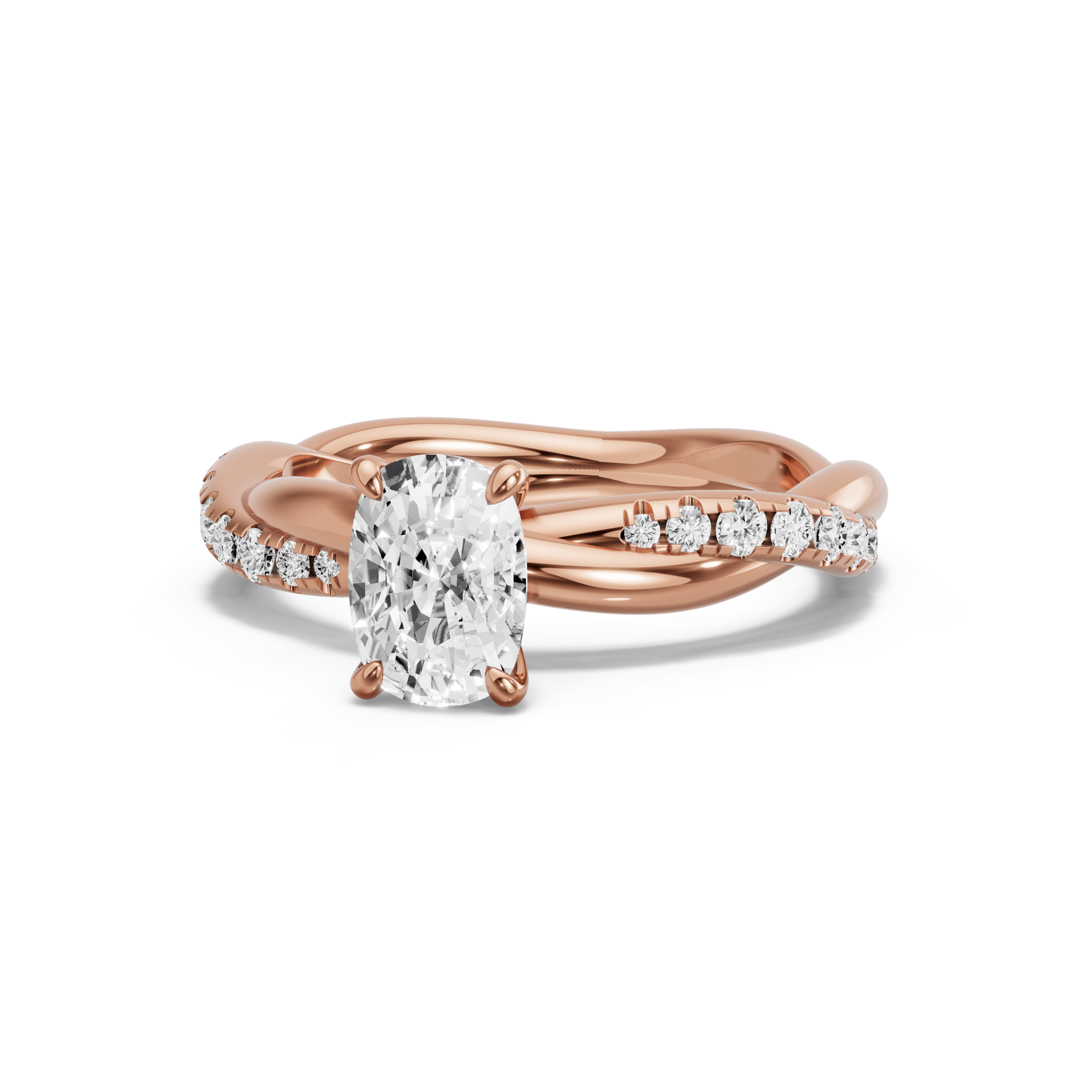Image for Cushion Four Prong Ring with Rope Pave band in 14K Rose Gold