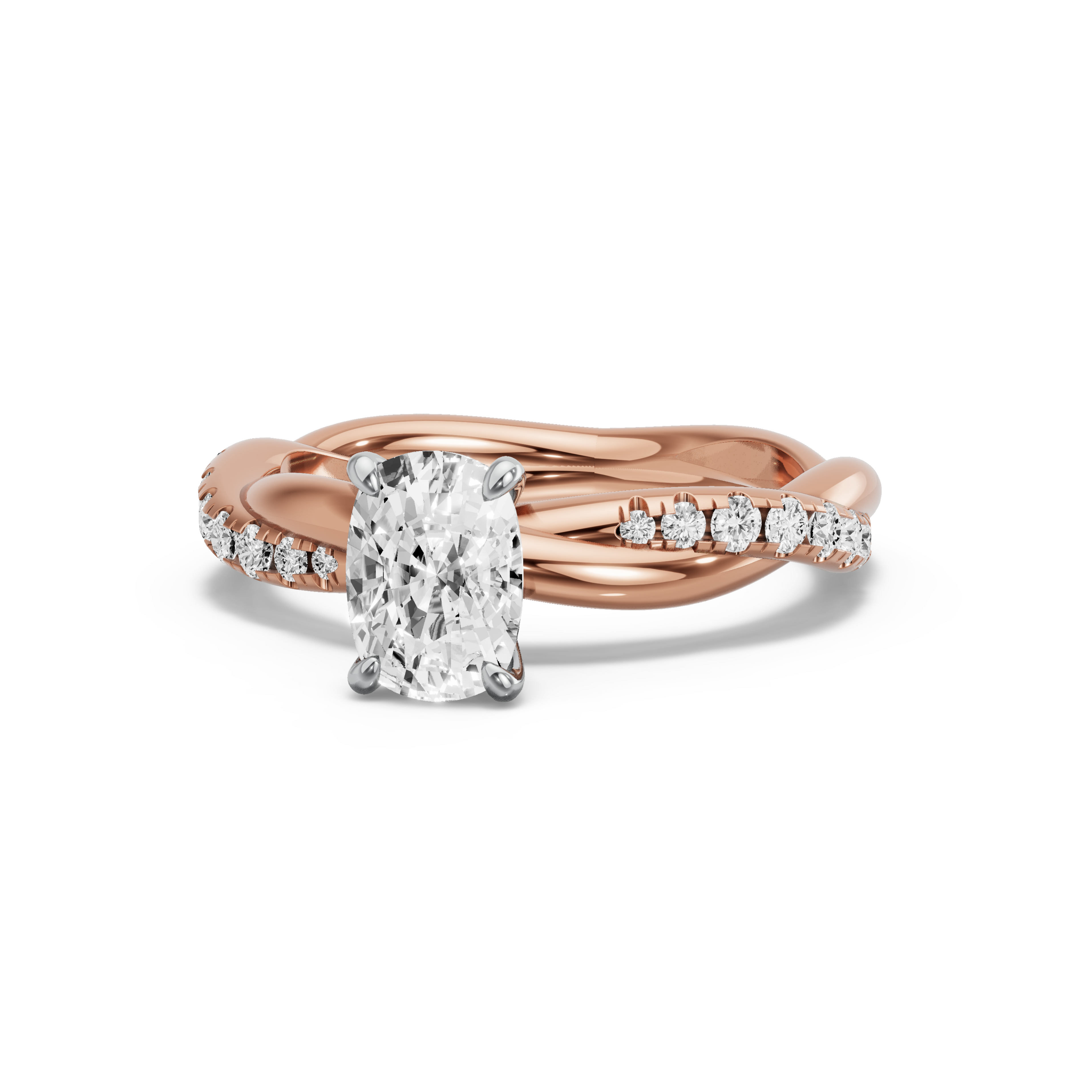 Image for Cushion Four Prong Ring with Rope Pave band in 14K Two Tone Rose Gold