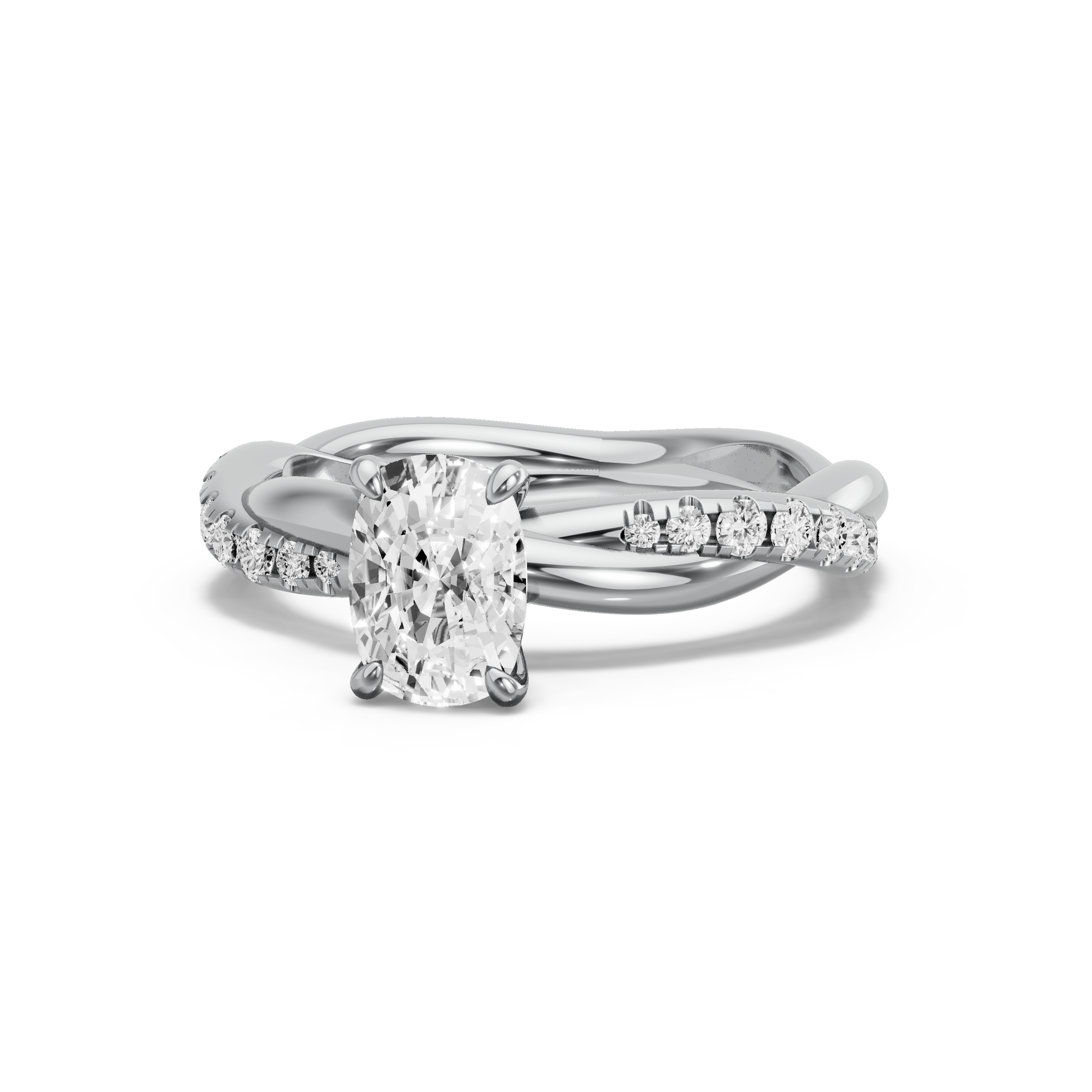 Image for Cushion Four Prong Ring with Rope Pave band in 14K White Gold