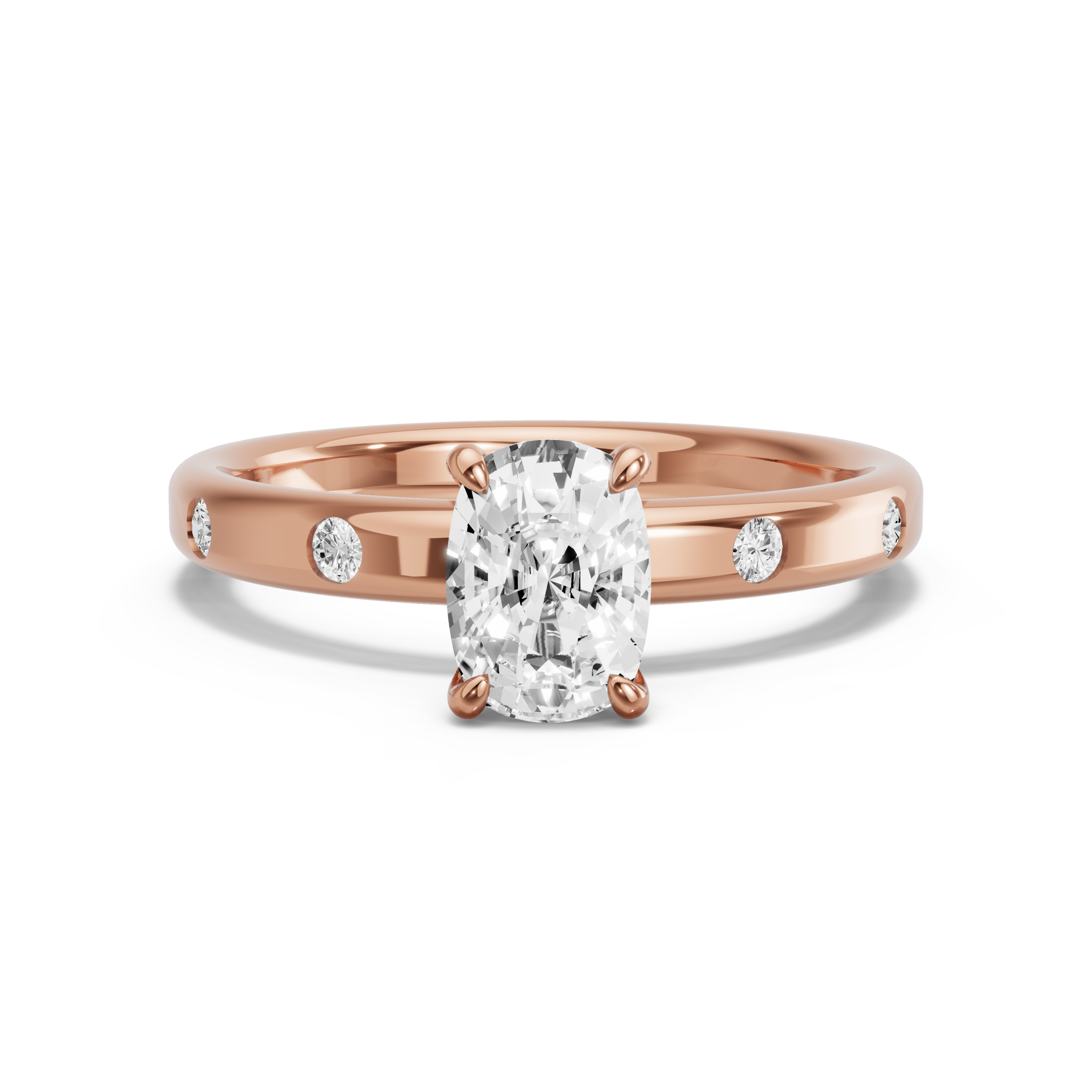 Image for Cushion Four Prong Ring with Sleek Accent band in 18K Rose Gold