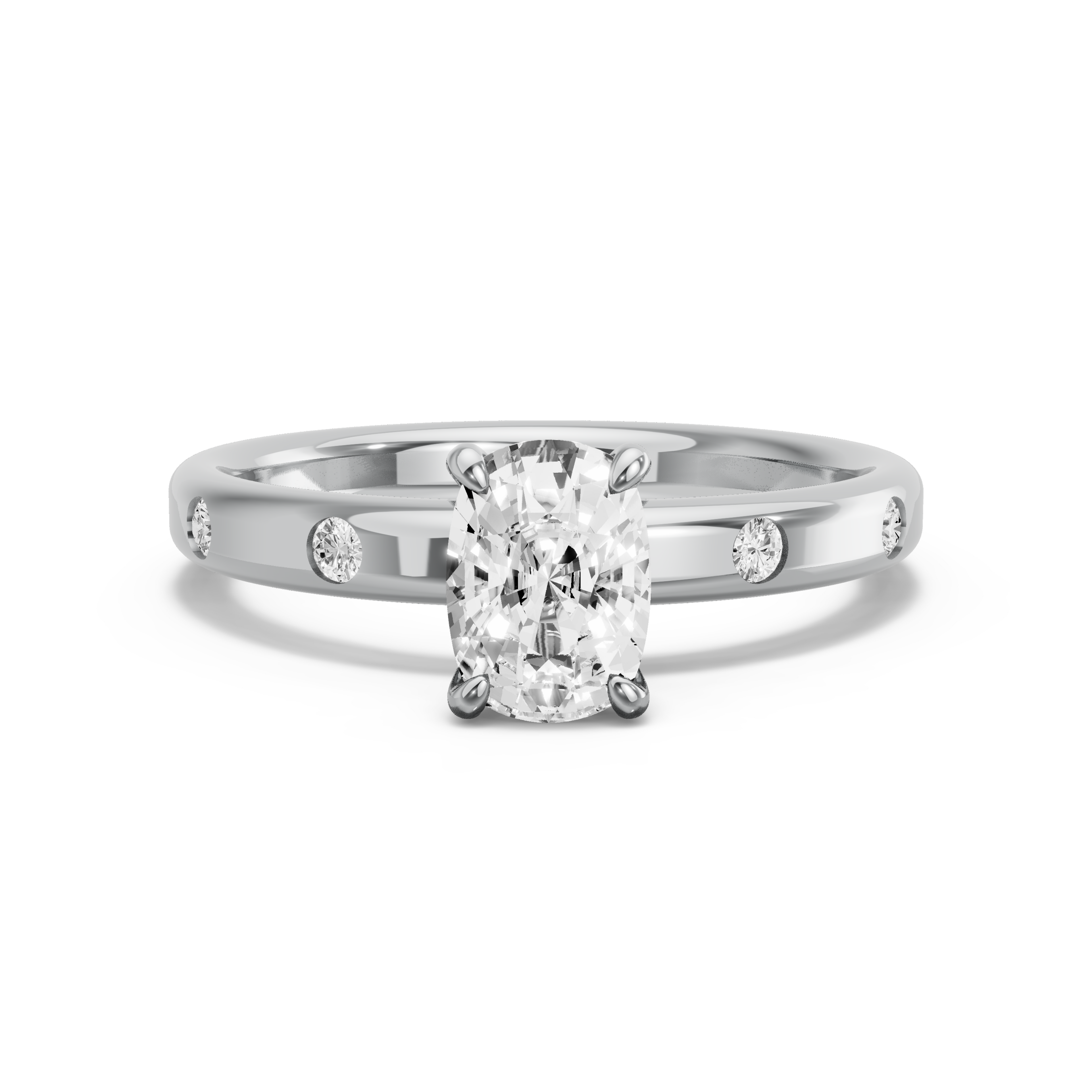 Image for Cushion Four Prong Ring with Sleek Accent band in 10K White Gold