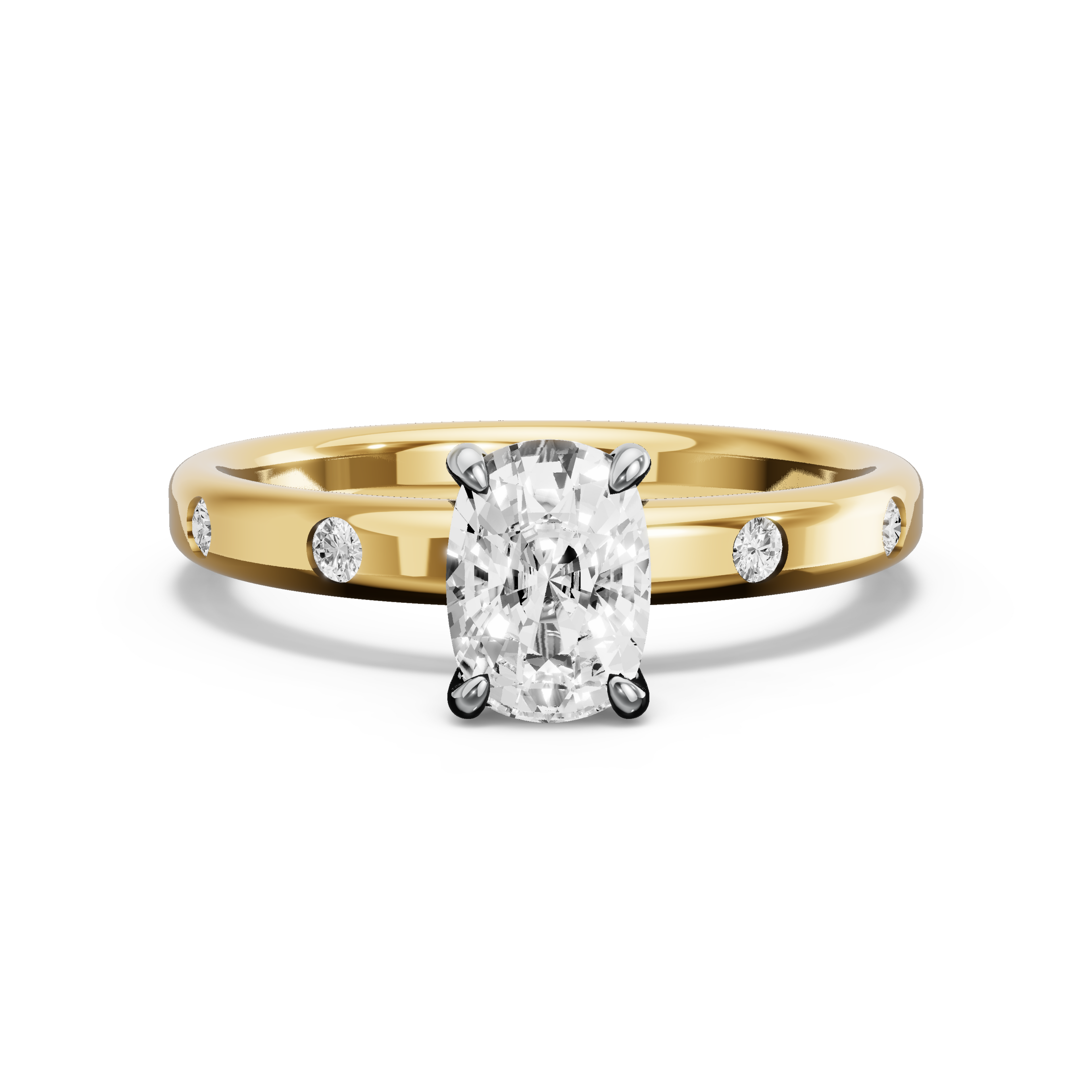 Image for Cushion Four Prong Ring with Sleek Accent band in 10K Two Tone Yellow Gold