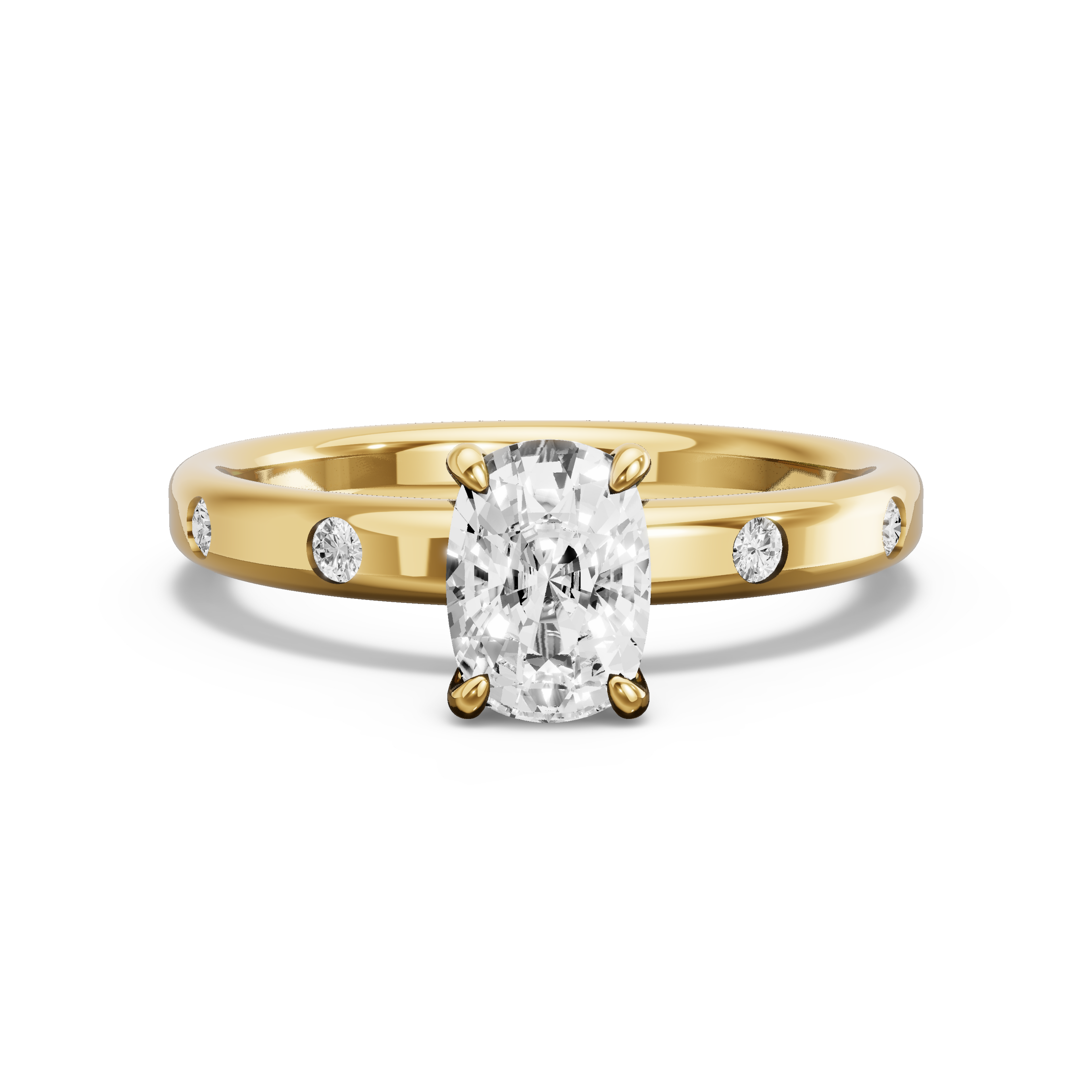 Image for Cushion Four Prong Ring with Sleek Accent band in 14K Yellow Gold