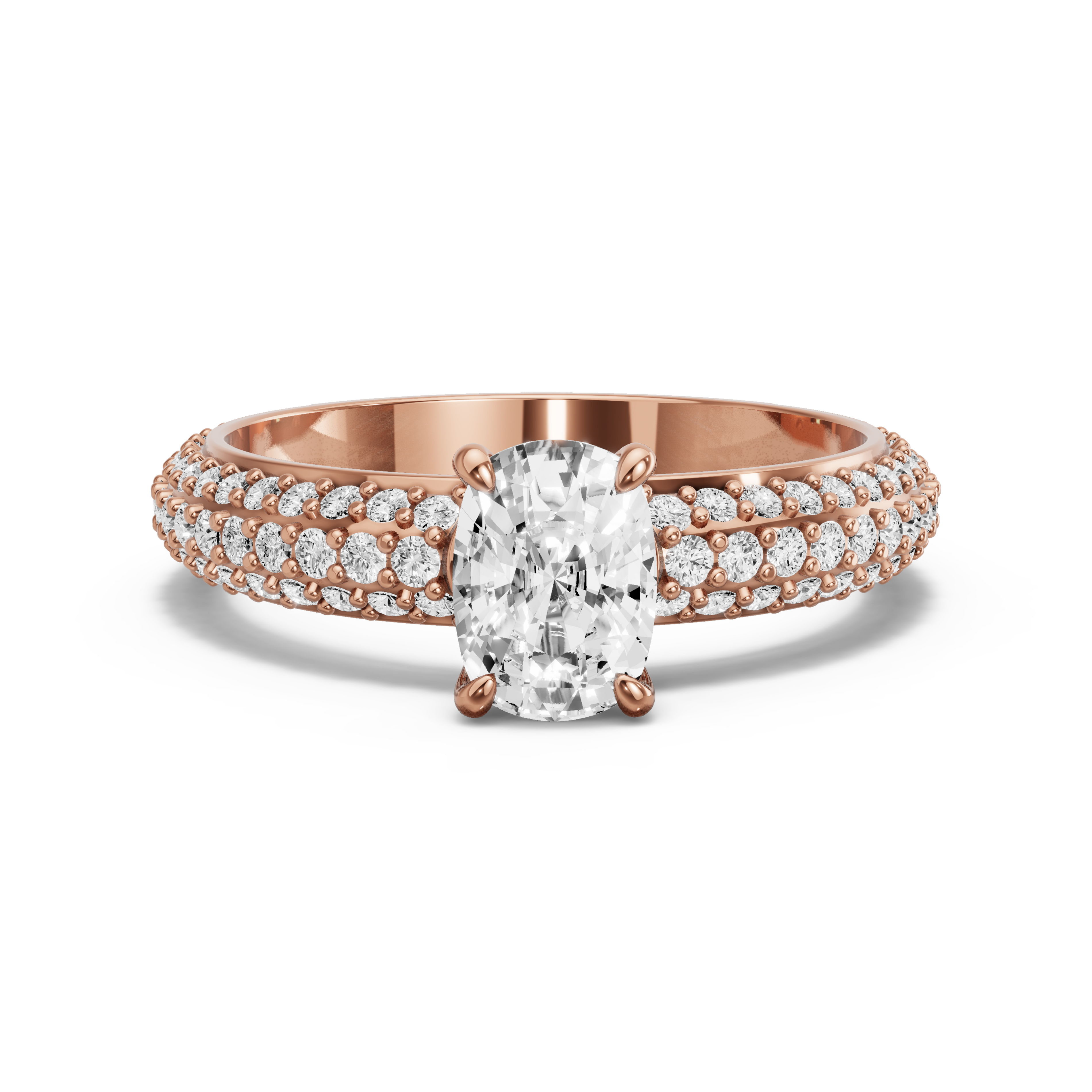 Image for Cushion Four Prong Ring with Triple Row Pave band in 18K Rose Gold