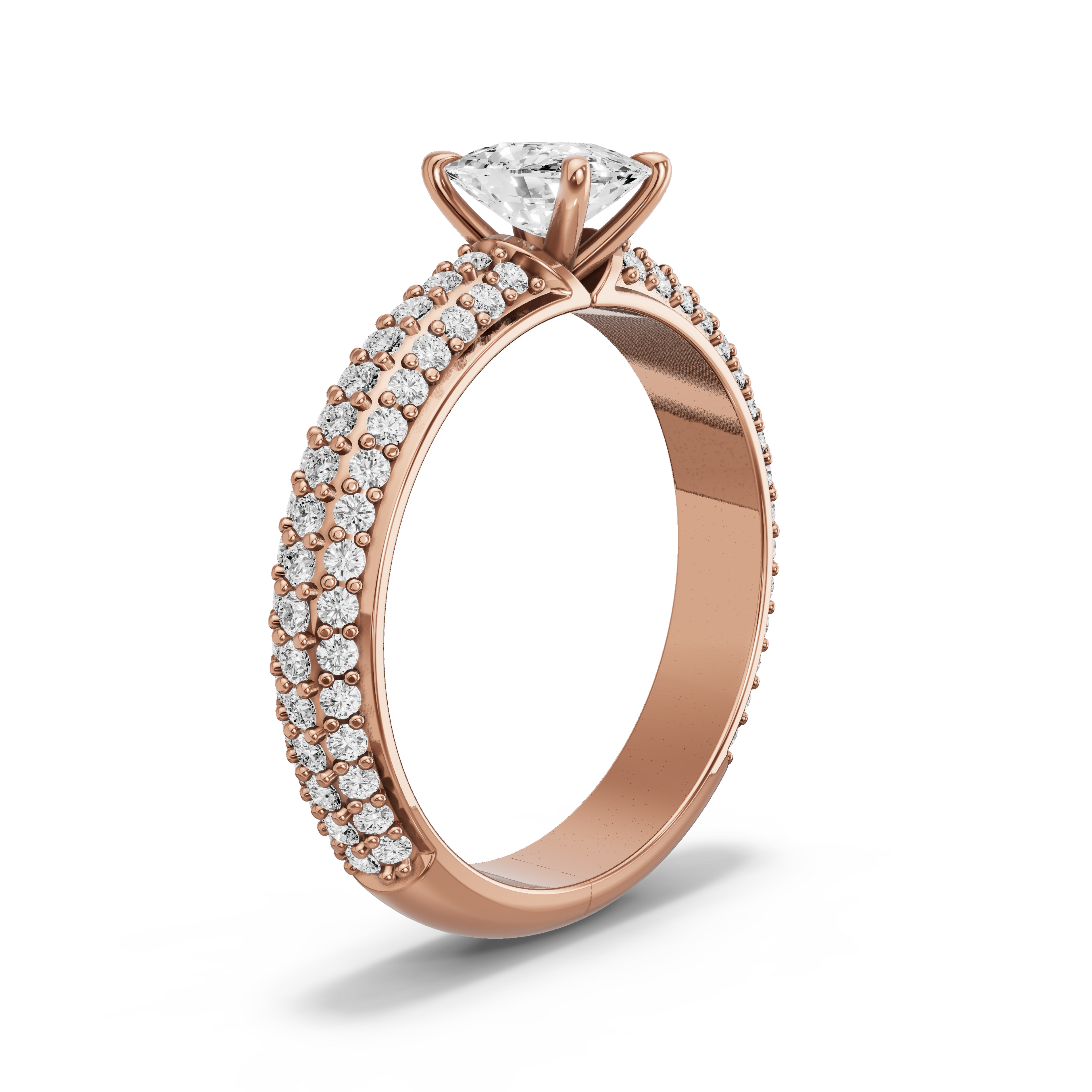 Image for Cushion Four Prong Ring with Triple Row Pave band in 10K Rose Gold