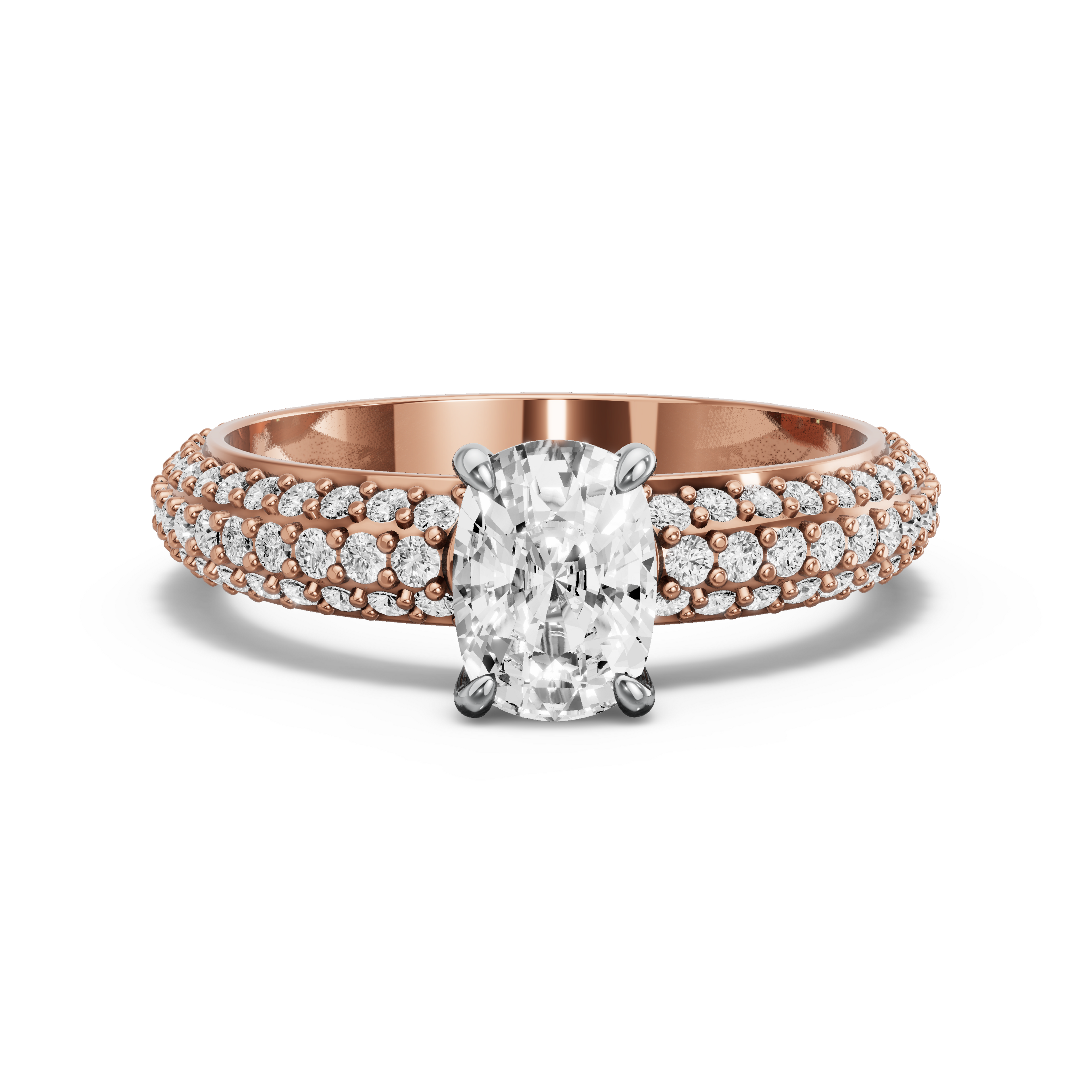 Image for Cushion Four Prong Ring with Triple Row Pave band in 18K Two Tone Rose Gold