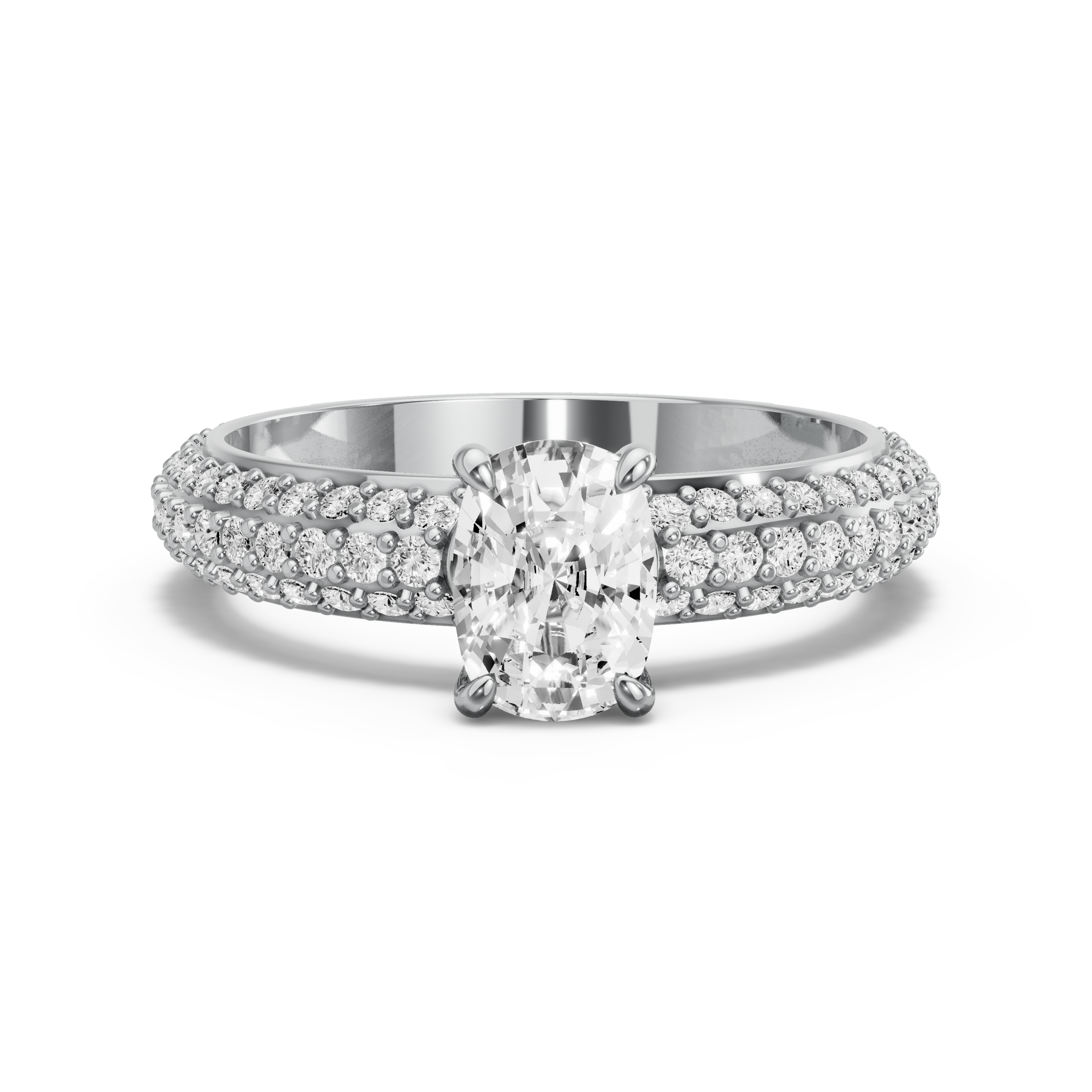 Image for Cushion Four Prong Ring with Triple Row Pave band in 14K White Gold