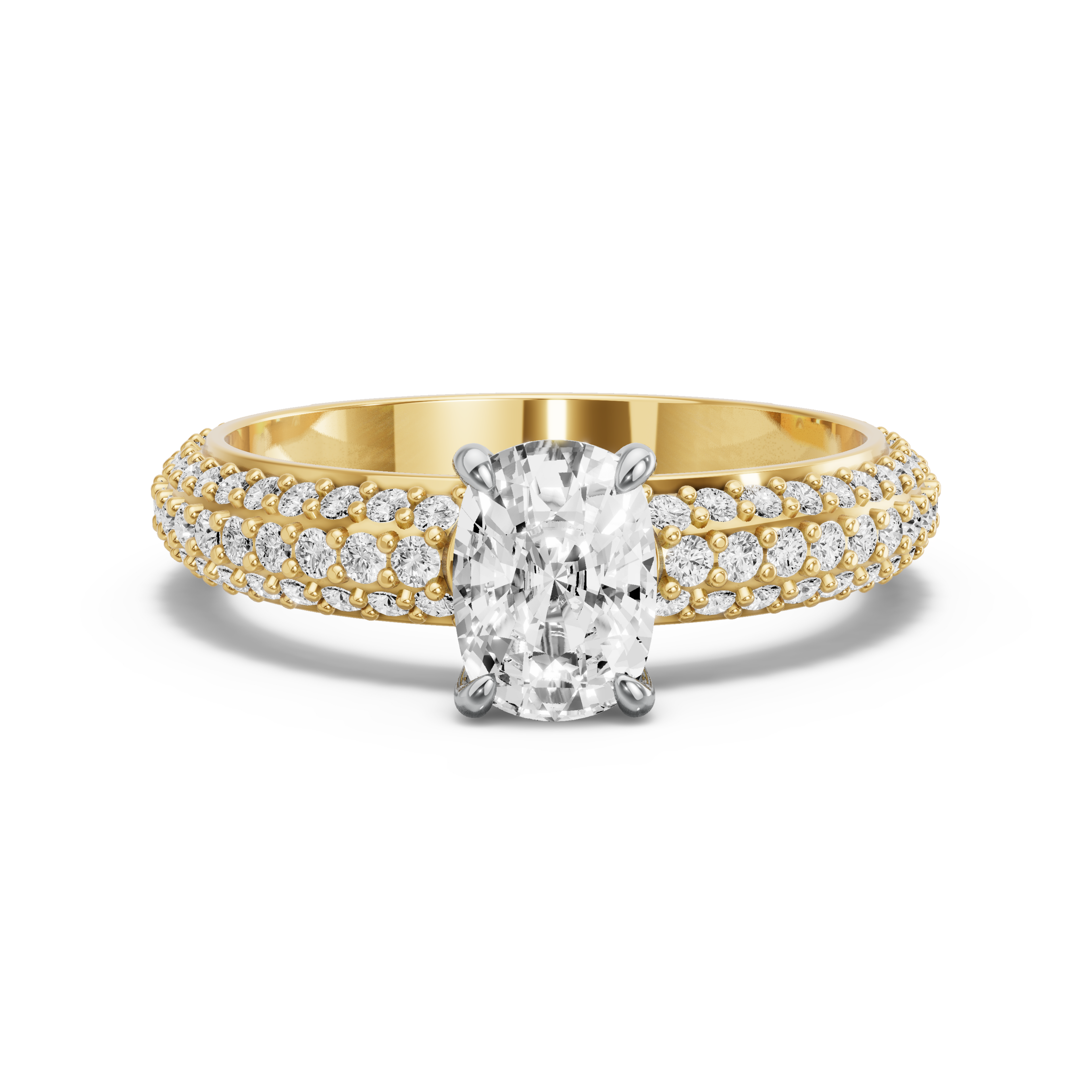 Image for Cushion Four Prong Ring with Triple Row Pave band in 14K Two Tone Yellow Gold