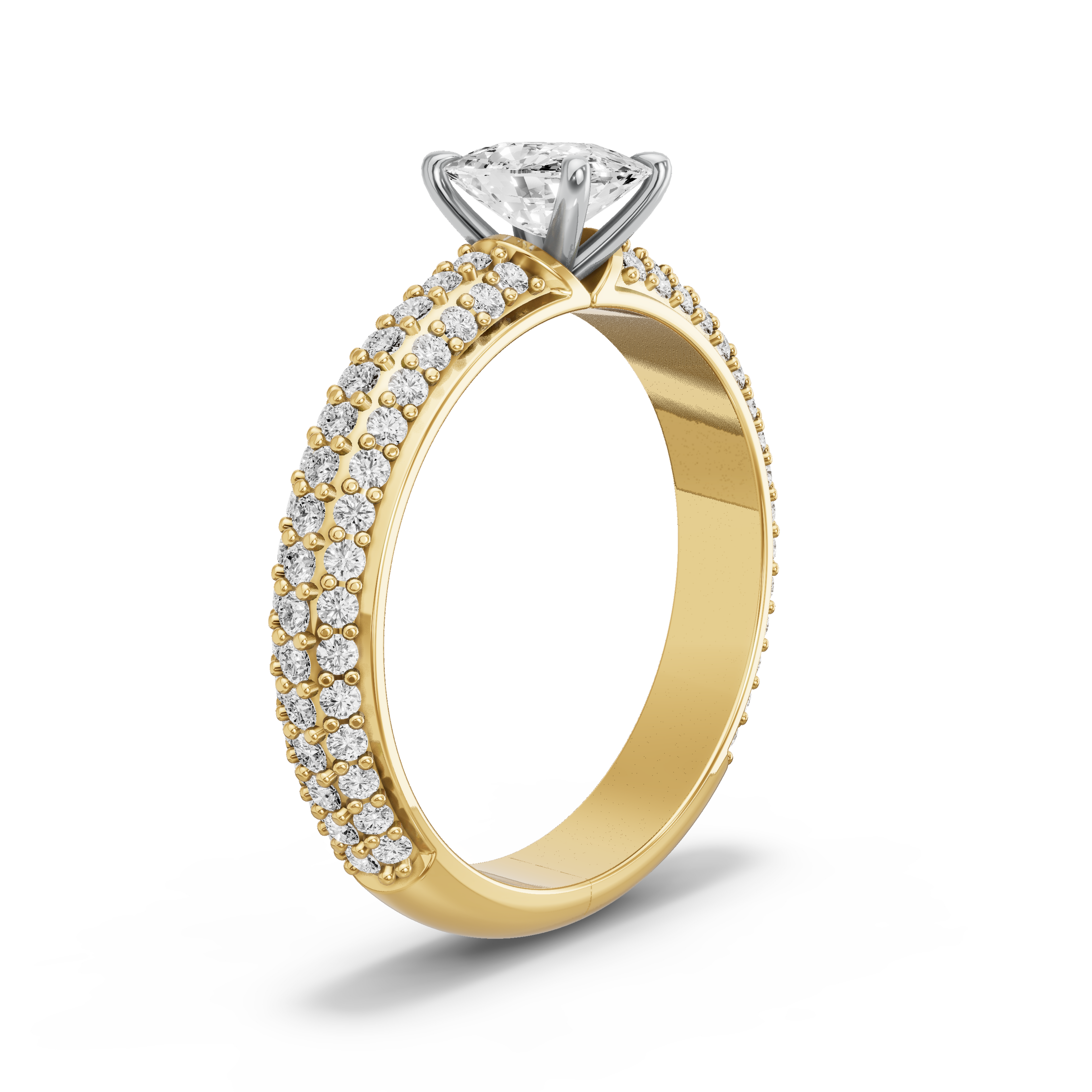 Image for Cushion Four Prong Ring with Triple Row Pave band in 14K Two Tone Yellow Gold