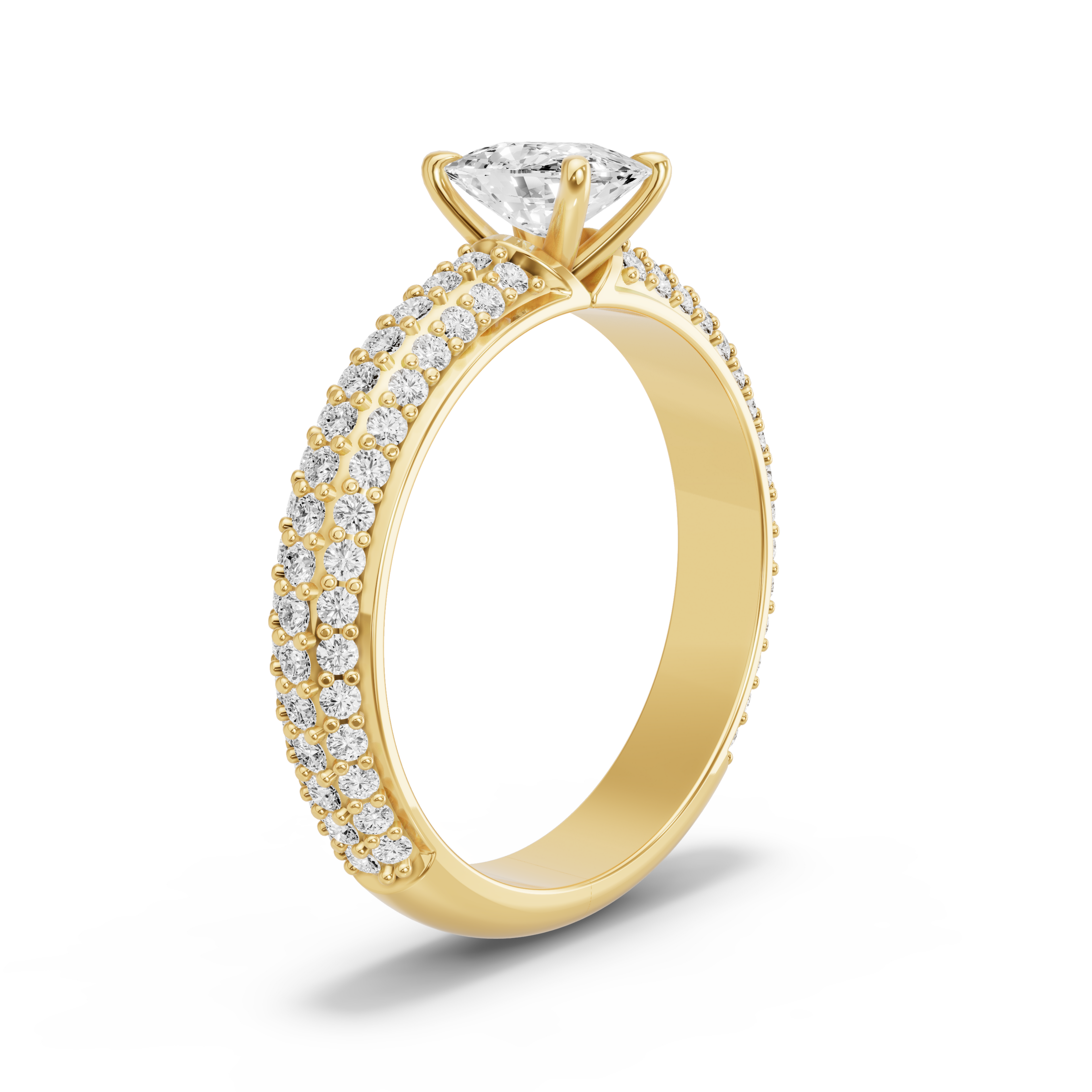 Image for Cushion Four Prong Ring with Triple Row Pave band in 14K Yellow Gold
