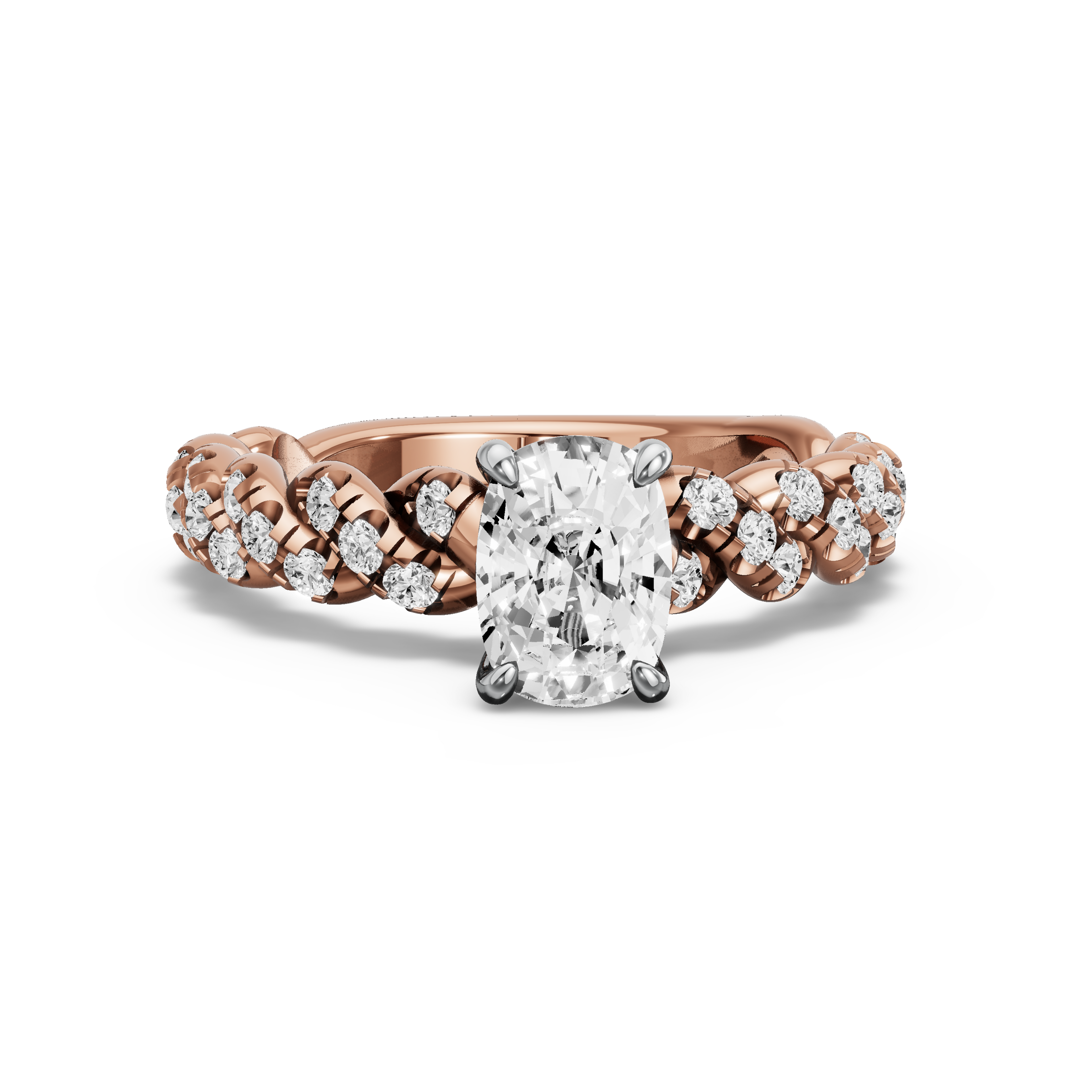 Image for Cushion Four Prong Ring with Twist Pave band in 14K Two Tone Rose Gold