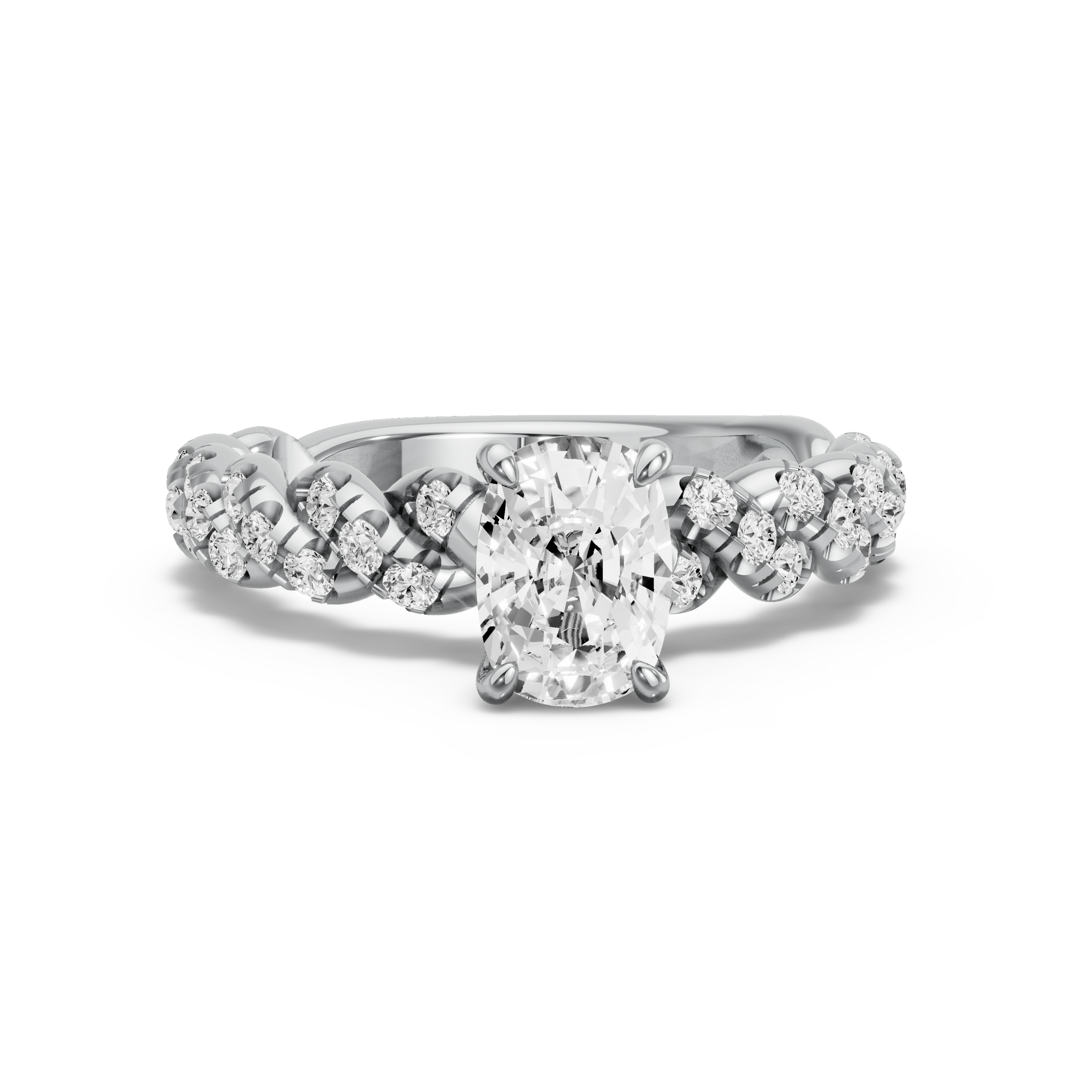Image for Cushion Four Prong Ring with Twist Pave band in 10K White Gold