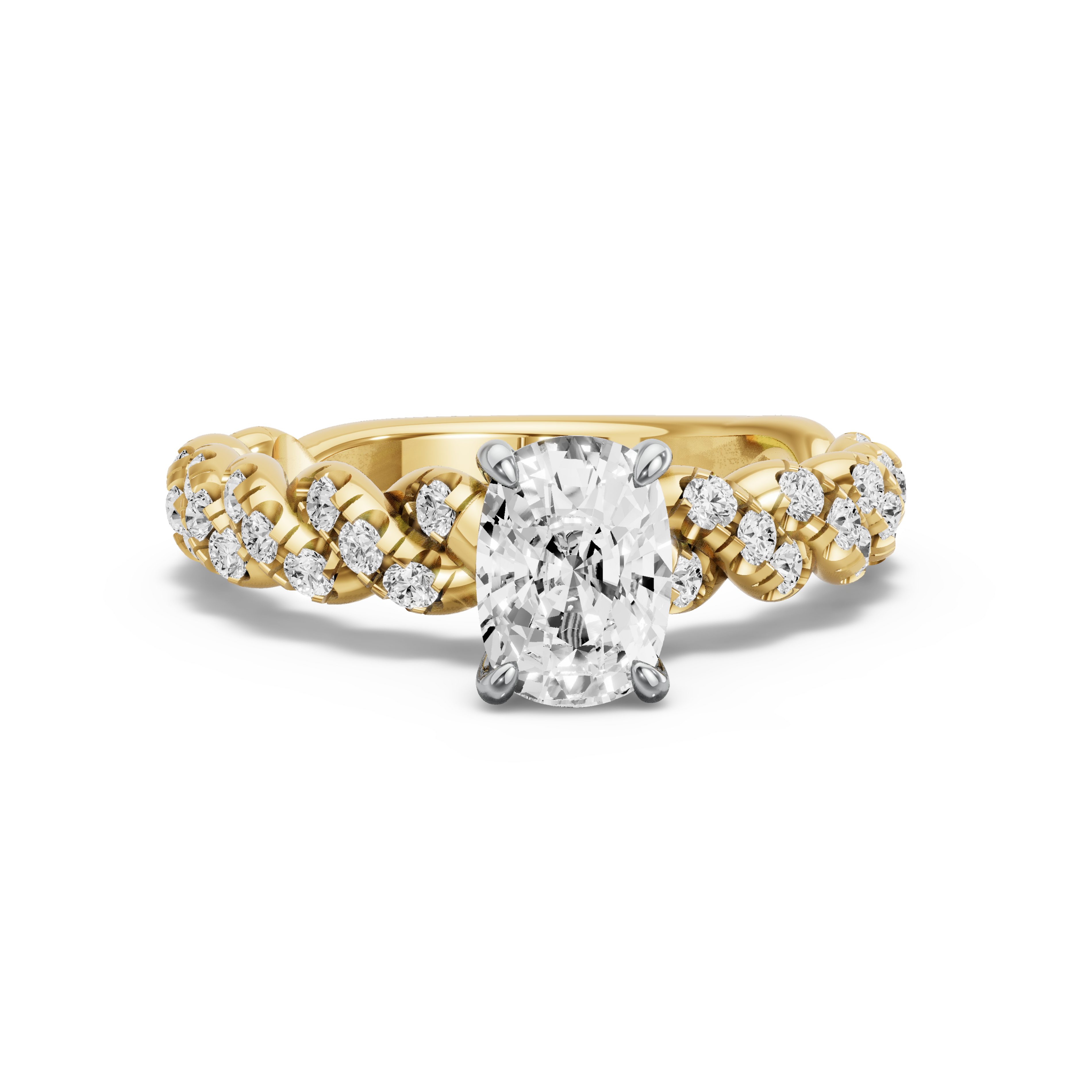 Image for Cushion Four Prong Ring with Twist Pave band in 18K Two Tone Yellow Gold