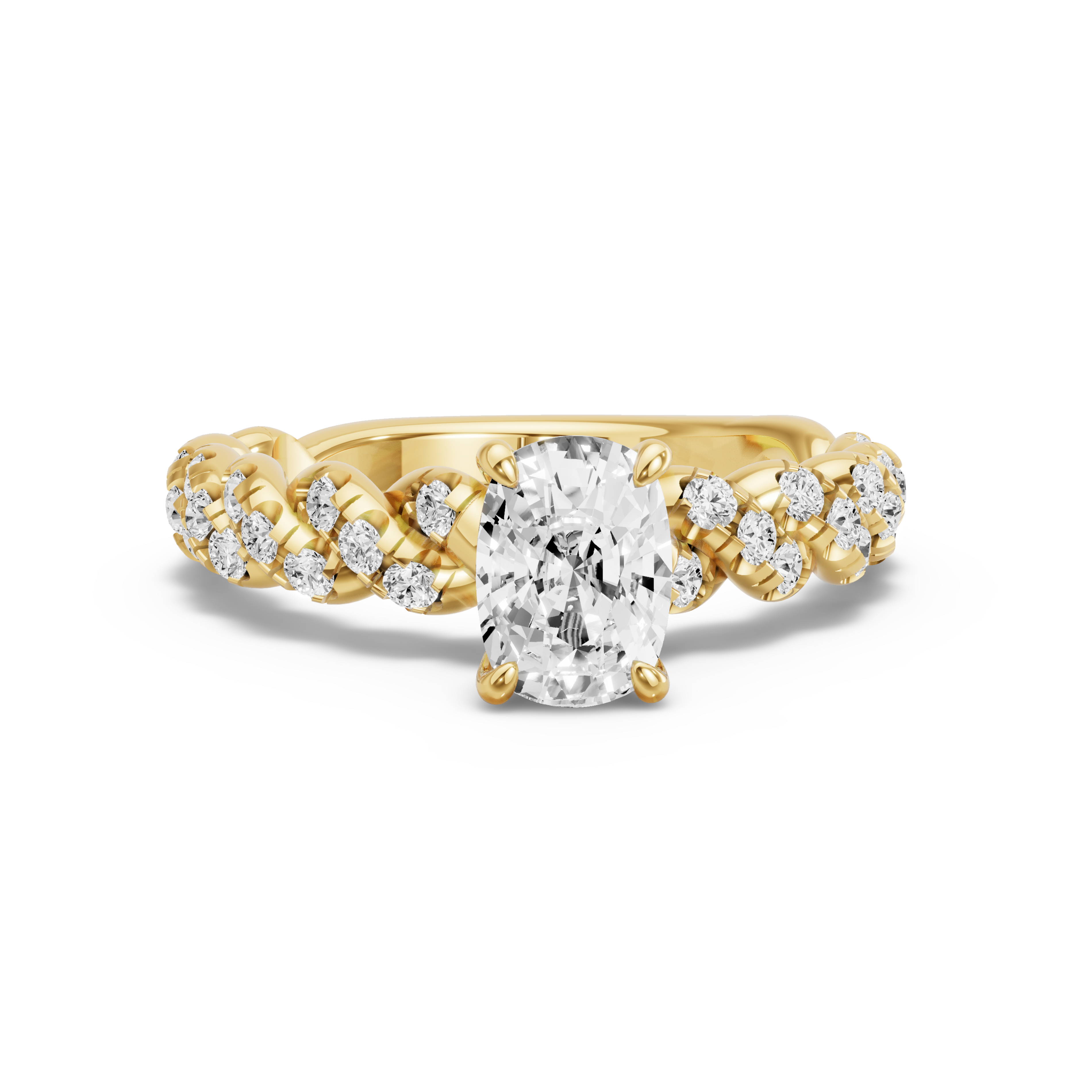 Image for Cushion Four Prong Ring with Twist Pave band in 14K Yellow Gold