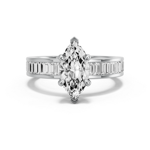 Image for Marquise Four Prong Ring with Baguette Channel band in 18K White Gold