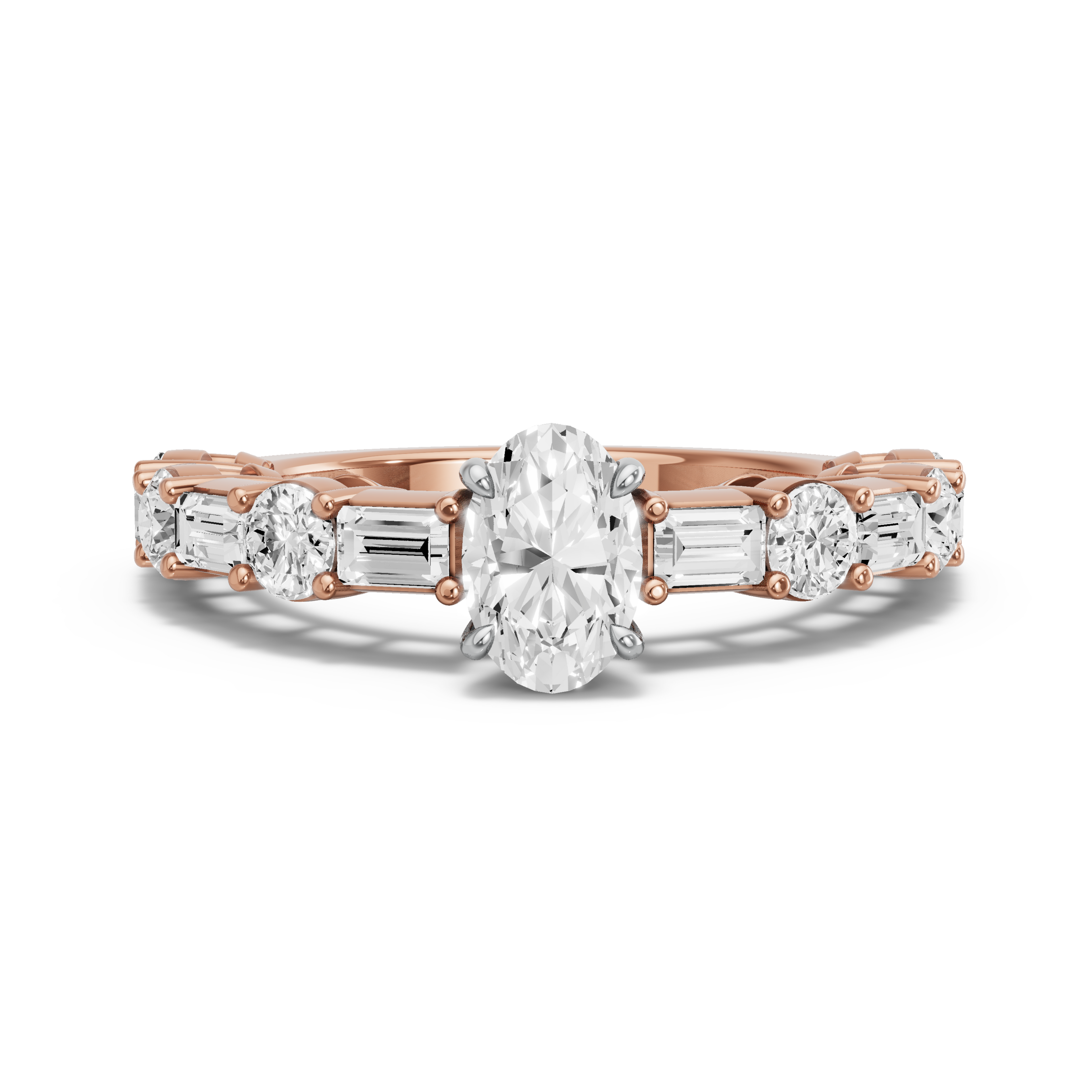 Image for Oval Four Prong Ring with Alternating Baguette band in 18K Two Tone Rose Gold