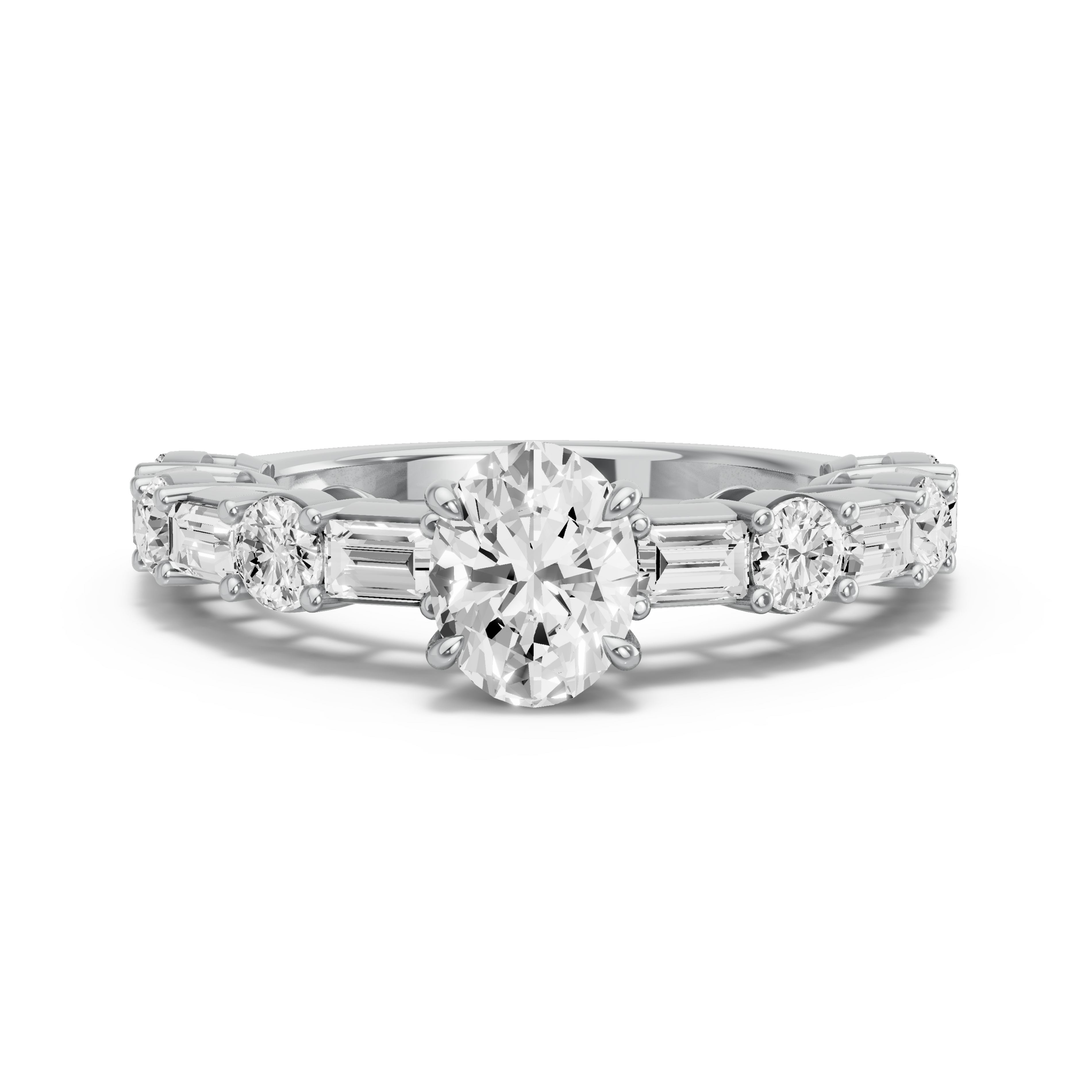 Image for Oval Four Prong Ring with Alternating Baguette band in 14K White Gold