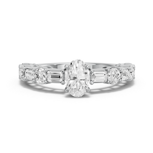 Image for Oval Four Prong Ring with Alternating Baguette band in 950 Platinum
